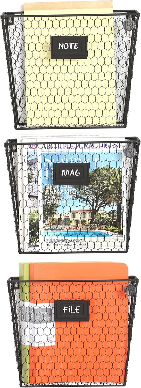 MyGift Wall Mounted Magazine Holder, Rustic Black Metal Wire Mail Holder and Document File Storage Organizer with Erasable Chalkboard Labels, Set of 3