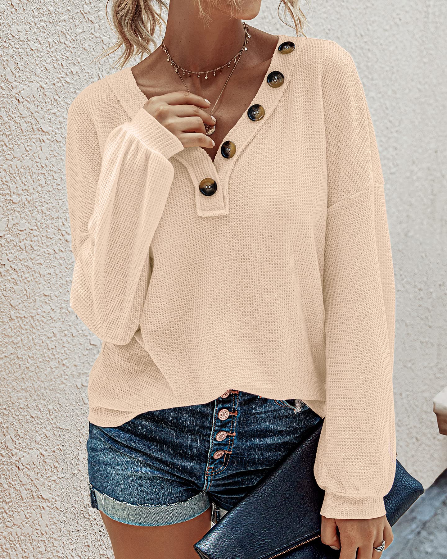 BTFBM Women Waffle Knit Shirts VNeck Long Sleeve Casual Slouchy Loose