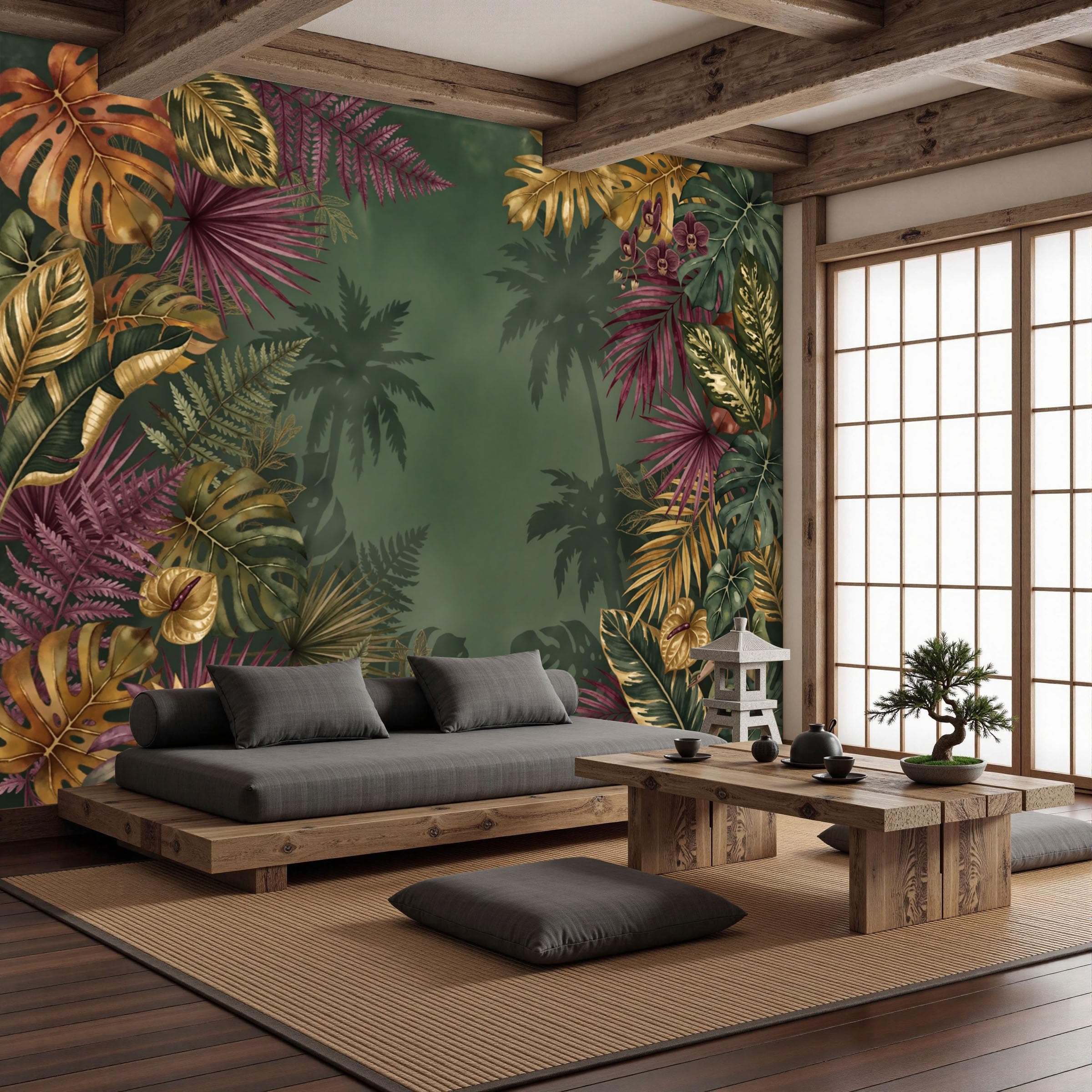 Carta Da Parati Effetto 3D Piante tropicali di lusso 300x210cm Fotomurali seta, Orchidea a foglia di banana Uccello del paradiso Decorazione Poster Arte Murale Moderna per Casa Ufficio