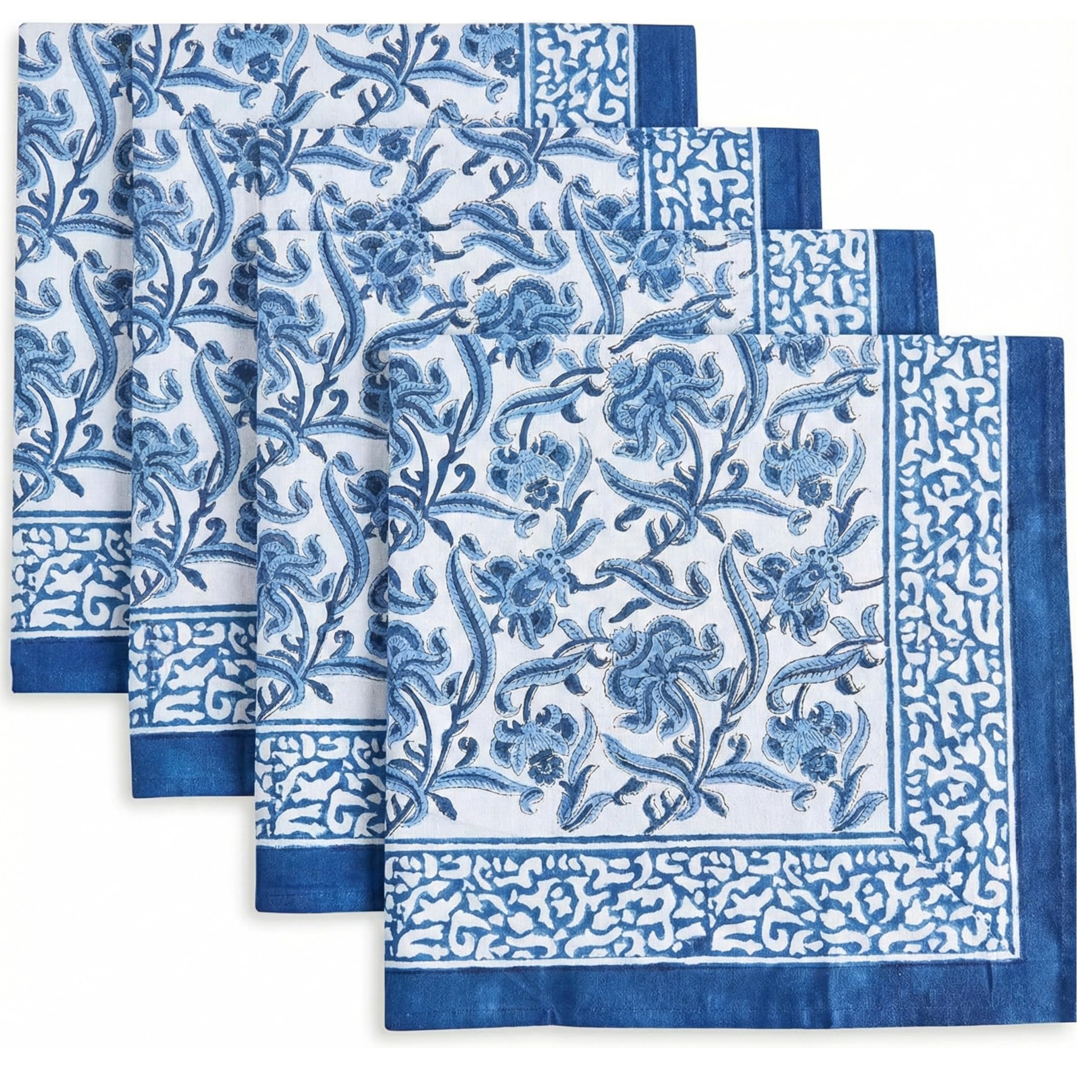 ATOSII Midnight Bloom Blue 100% Cotton Cloth Napkins, Hand Block Floral Print Designer Table Linen, Perfect for Dinners, Weddings, Cocktails, Parties I 20 X 20 Inches I Set of 4 I