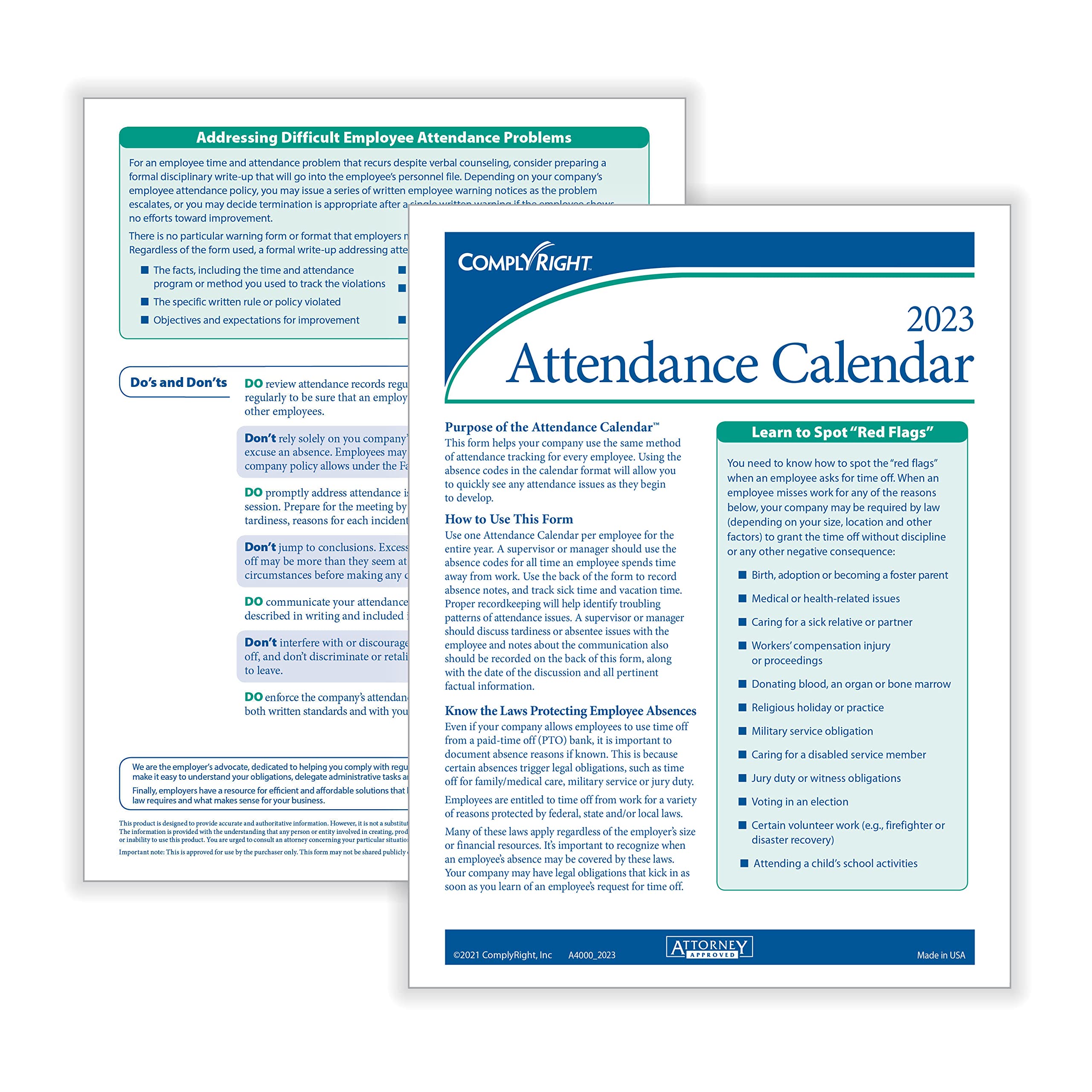 Amazon.com : ComplyRight 2023 Attendance Calendar Kit, White, Pack of 25 :  Office Products