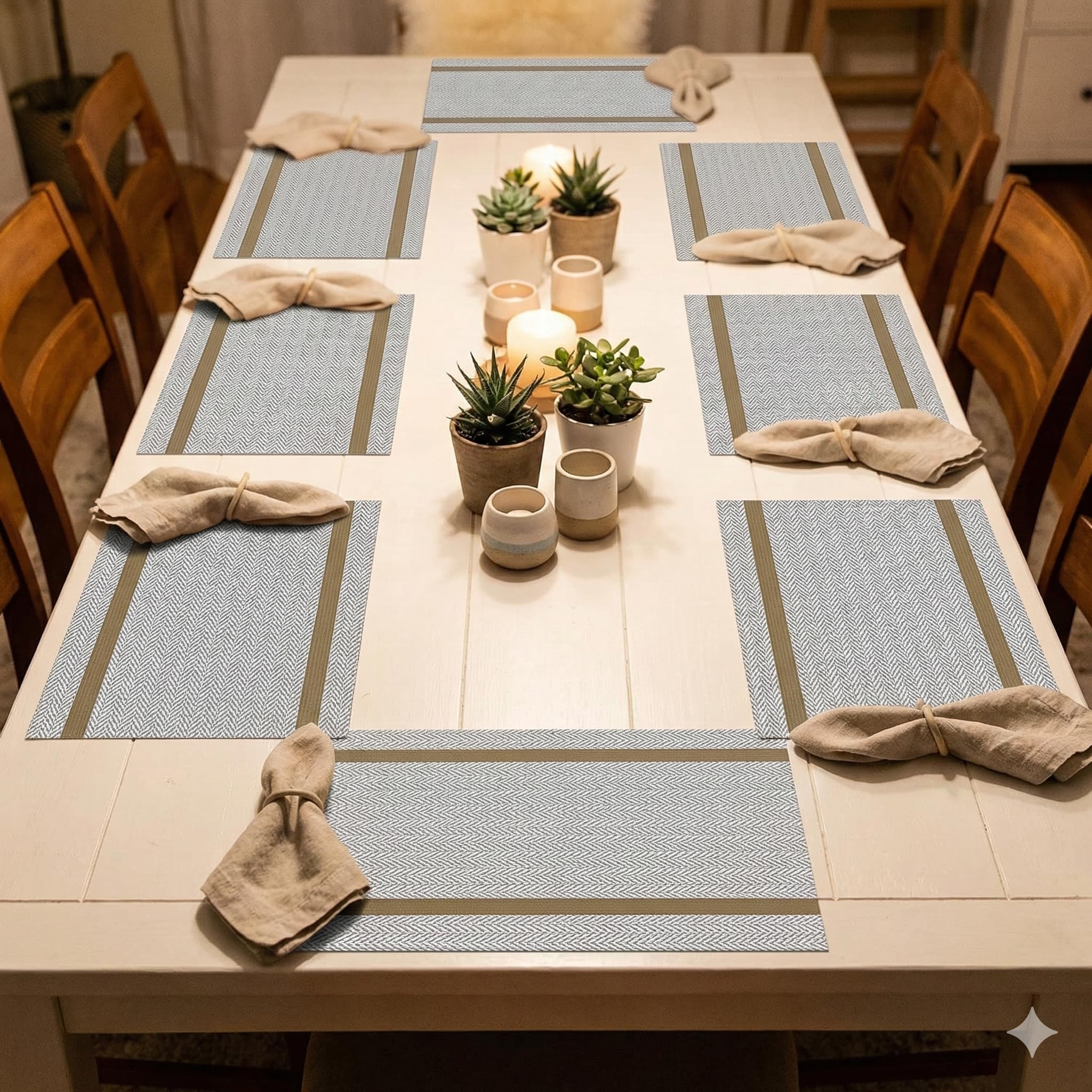 YELONA Placemats Set of 8, Heat-Resistant Woven Vinyl Table Mats, Non-Slip & Washable Dining Tablemats for Kitchen & Dinner Decor, Beige & Gold (45cm x 30cm)