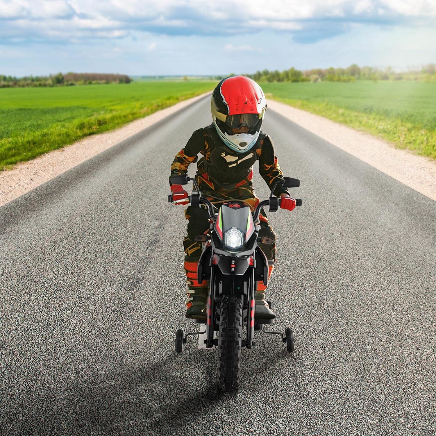 FANTASK Aprilia 12V Motocicleta Eléctrica Infantil 5,5-6 km/h, Motocicleta Infantil con Estabilizadores y Música y Faros, Rojo y Negro Motocicleta para Niños de 3 a 8 Años, Rojo