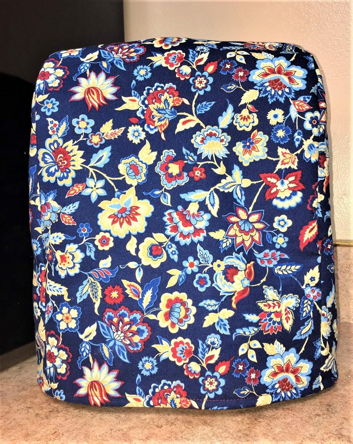 Americana Red White Tan and Cobalt Flowers and Leaves on Navy Blue 4-5 Quart Reversible Mixer Appliance Dust Cover Cozy