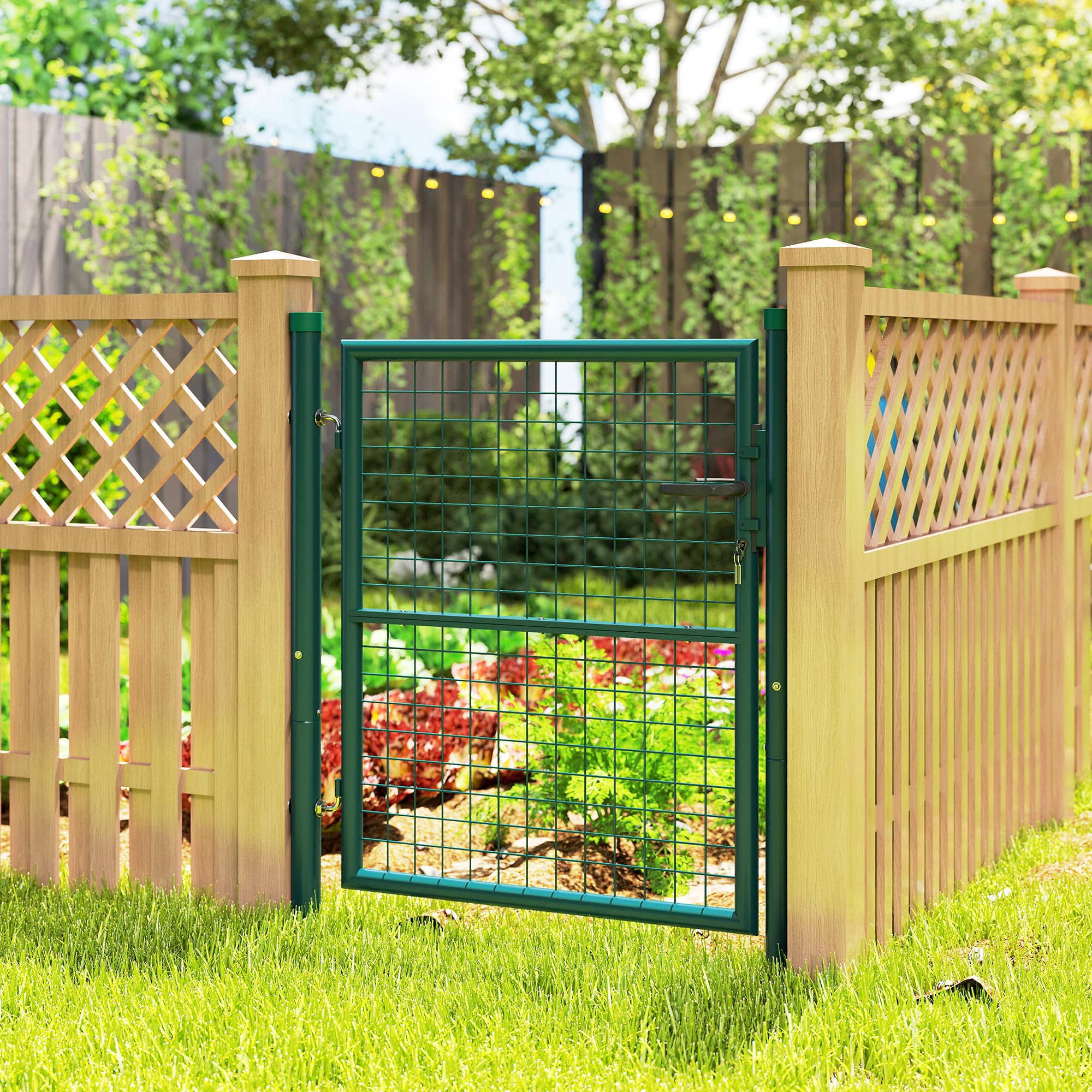 Outsunny Portillon de jardin en acier 97 x 150 cm portail de jardin avec serrure, clés et poignée, décoration en flèche, portillon de patio extérieur, vert