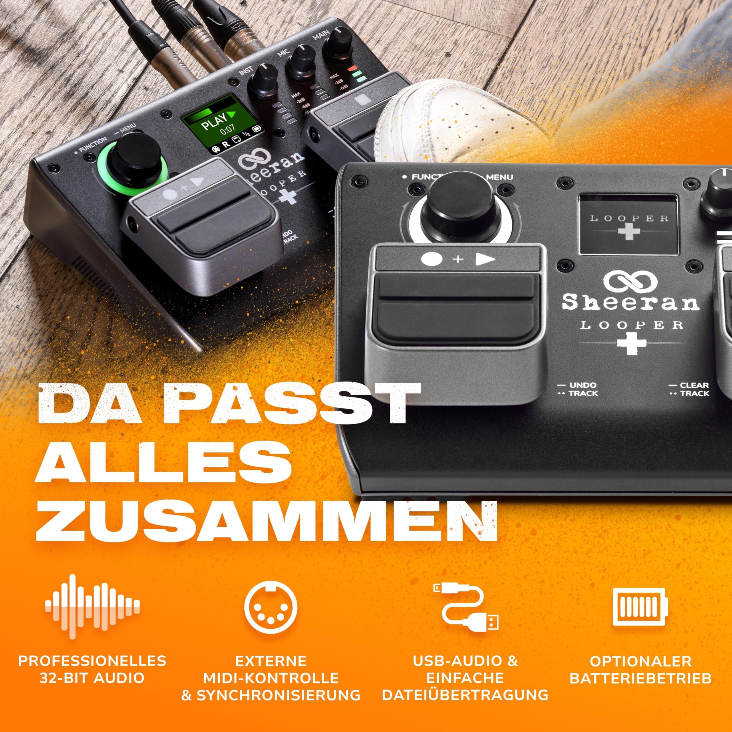 SHEERAN LOOPER + Dual Track Pedal für Gitarre, Bass, Keyboard, Vocals und Mehr, mit 128 Loops Speicher, 4 Looping Modi, LED-Display und Audiointerface