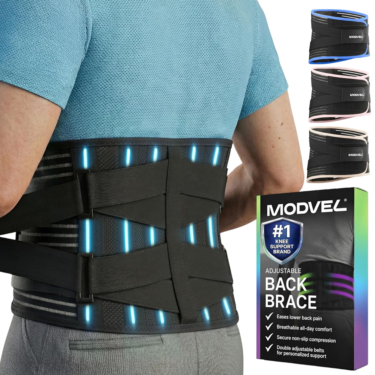 Modvel Back Brace for Lower Back Pain Women and Men – Lumbar Support Belt for Sciatica, Herniated Disc, Muscle Strain – Adjustable Breathable Work Brace with 6 Stays – Support for Posture – Size M