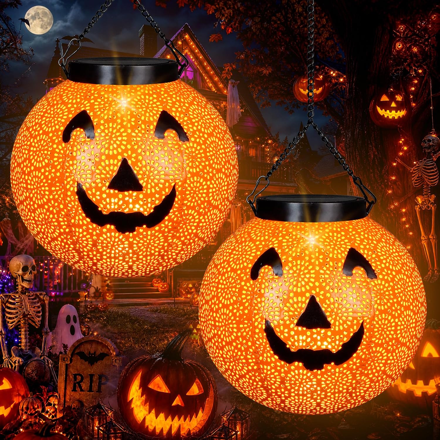 J-HVA 2-Pack Solar Halloween Pumpkin Lanterns Hanging Light,Halloween Decor