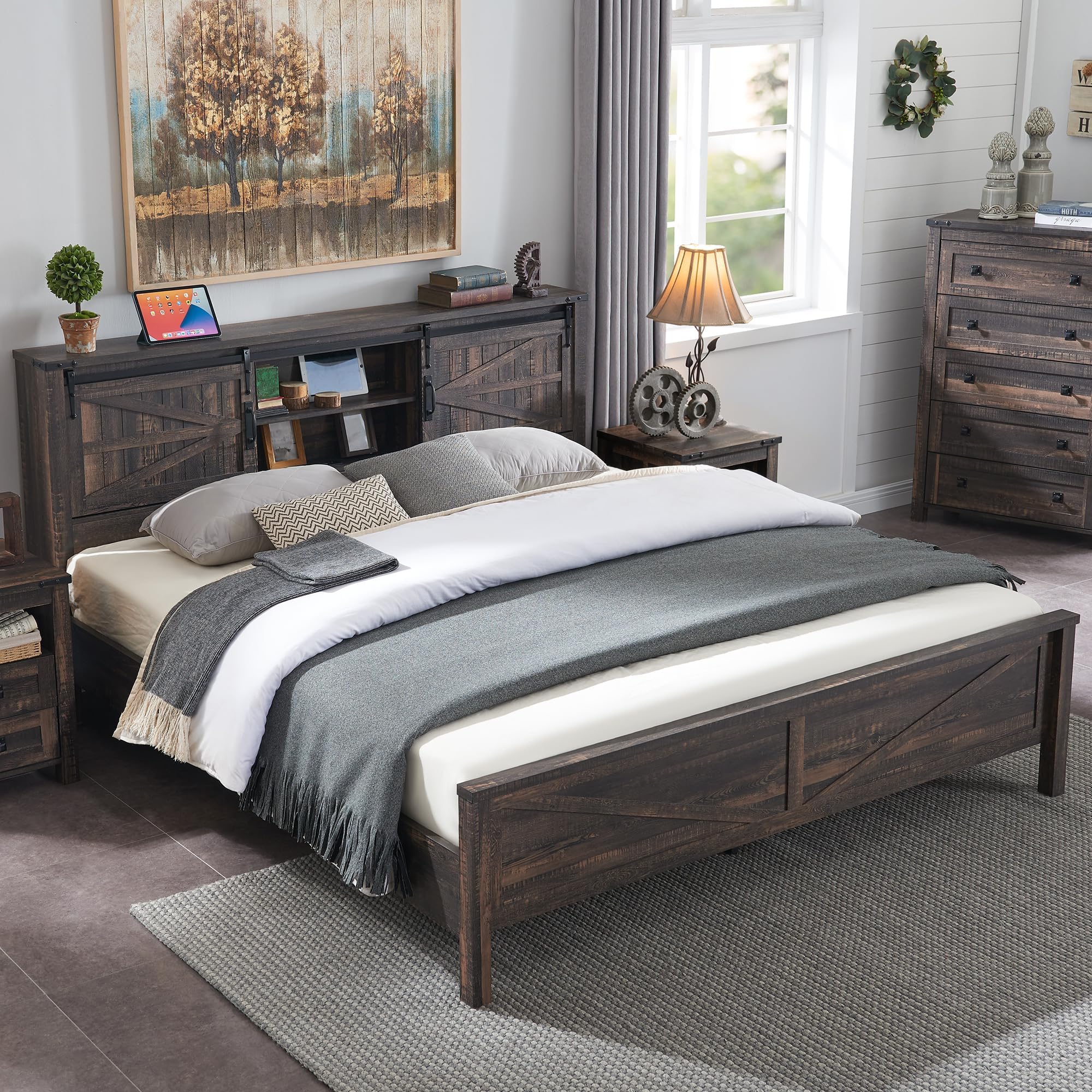 T4TREAM Queen Size Bed Frame, Farmhouse Rustic Wood Platform Bed with Storage