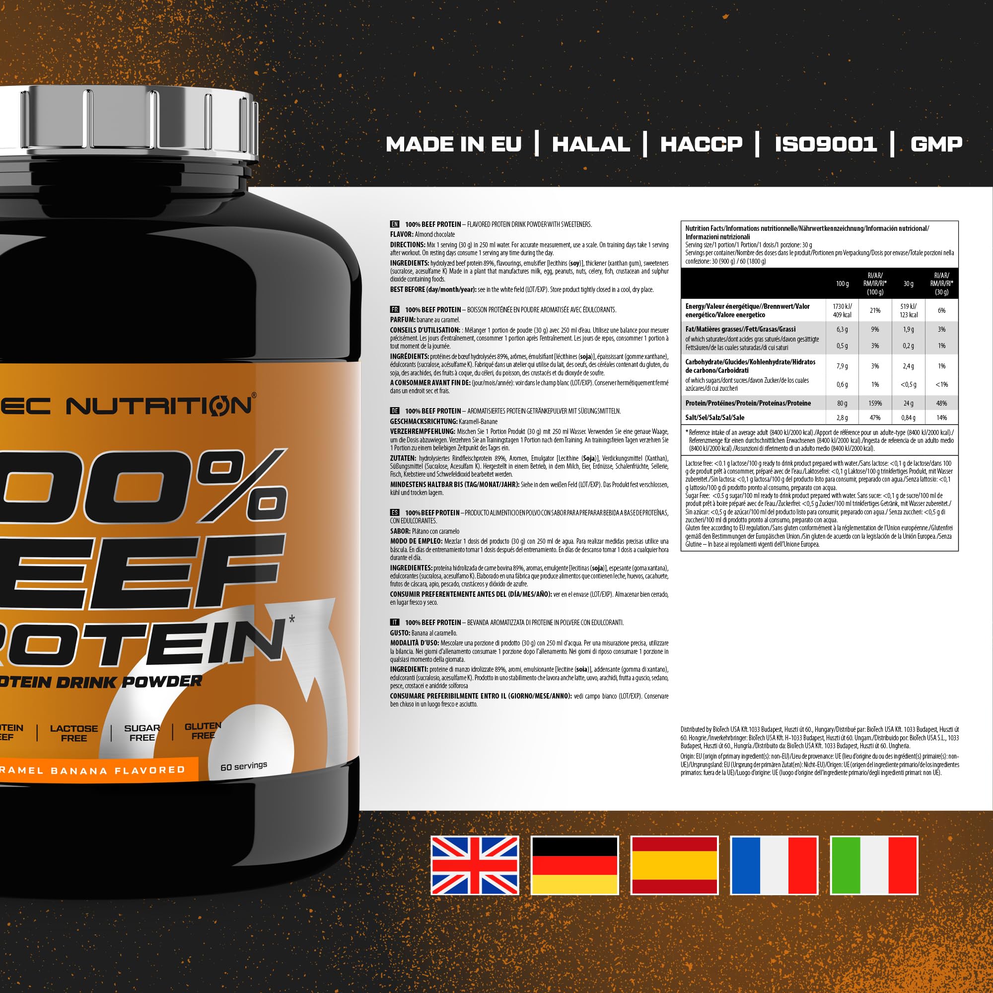 Scitec Nutrition 100% Beef Protein - Bebida proteica en polvo aromatizada - Sin lactosa, Sin azúcar, Sin gluten, 1,8 kg, Plátano con Caramelo