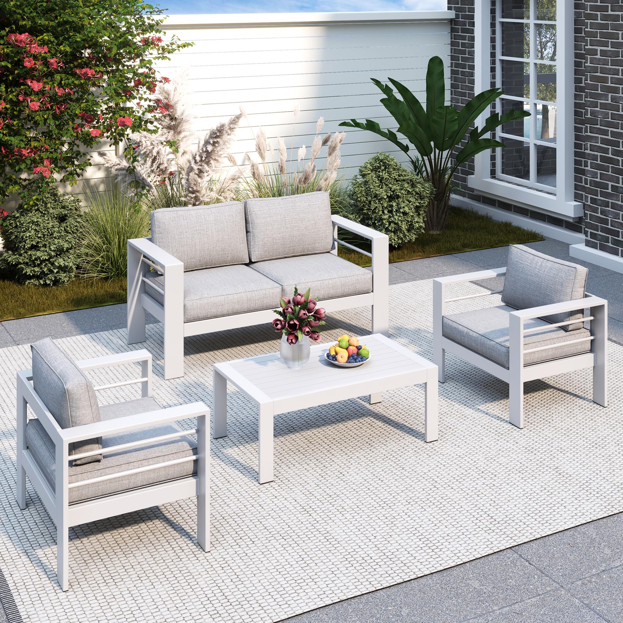 Solaste Outdoor Aluminum Furniture Set - 4 Pieces Patio Sectional Chat Sofa Conversation Set with Table,White