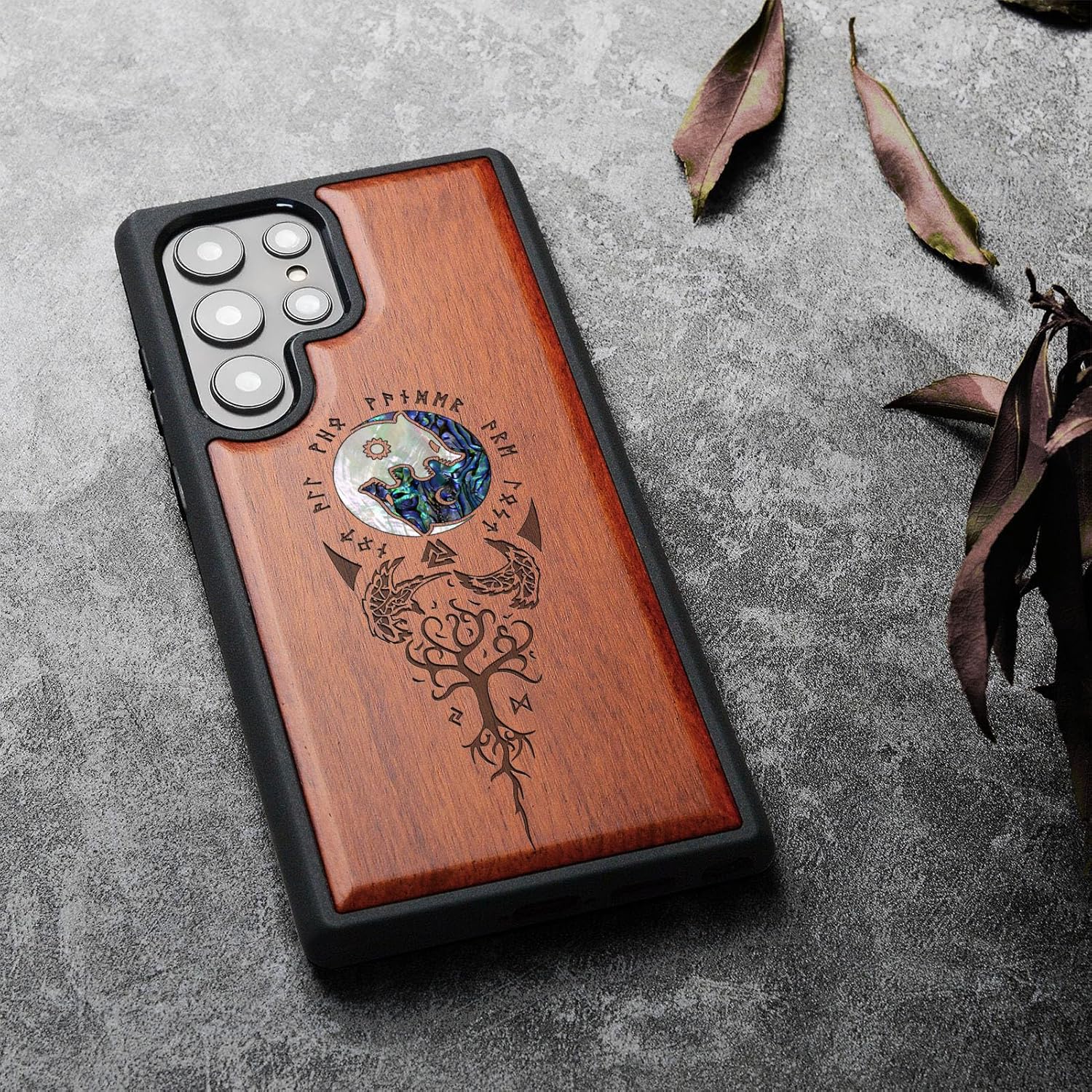 Carveit Designer Wooden Case for Samsung Galaxy S24 Ultra Case [Wood Engraving & Shell Inlay] Compatible with Wireless Chargers S24 Ultra Cover (Yin Yang Wolf-Rosy)