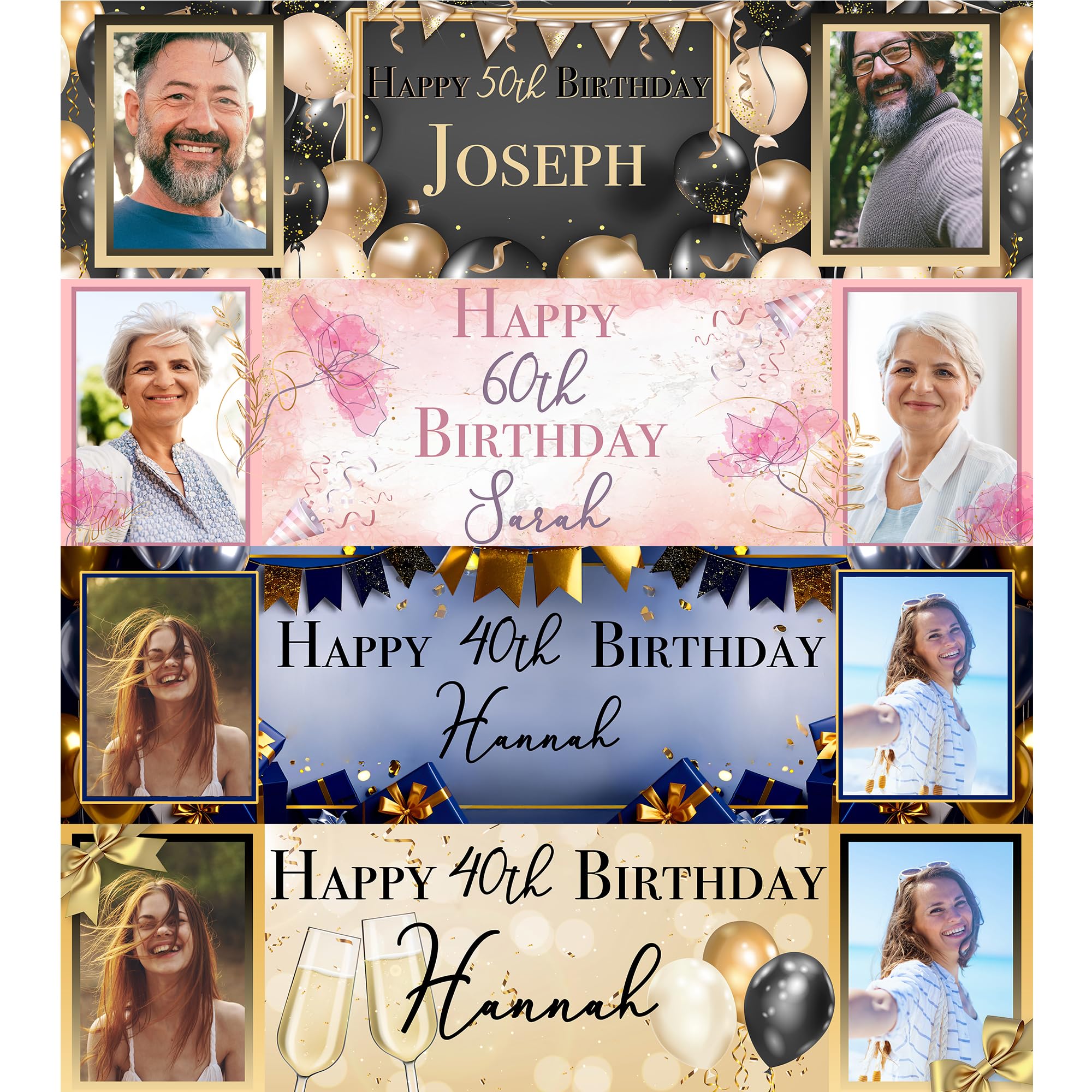 Personalised Birthday Banner with Picture – Custom Party Decoration, Happy Birthday Banner 140 x 35 cm – Customise for all ages– Navy Gold, Medium