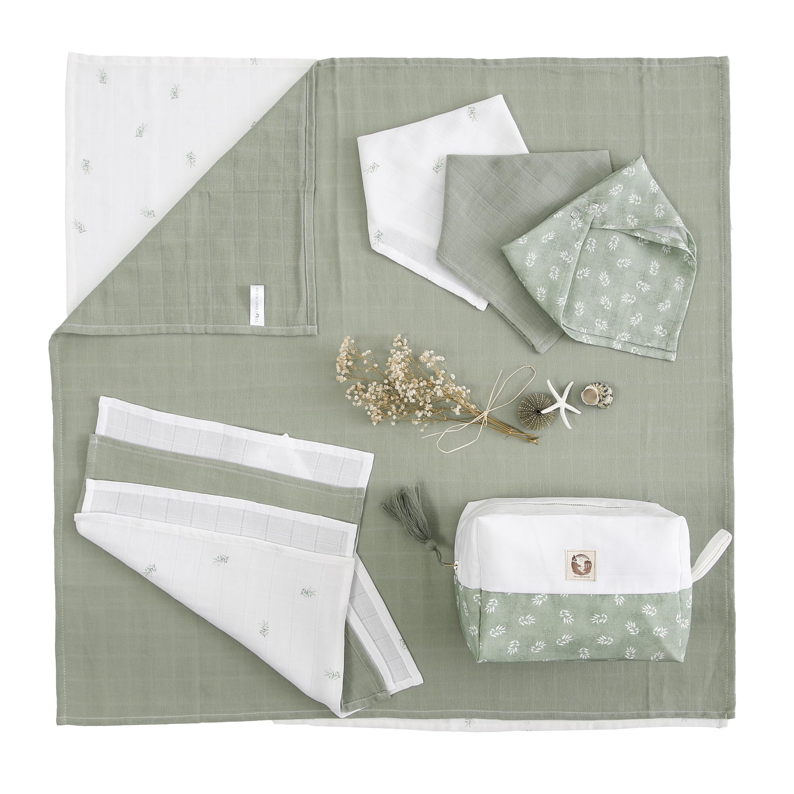 TEOS EMPORIUM 4,3,2,1,GO! - 100% Organic Muslin Cotton, Sage Green, 0 - 12 months