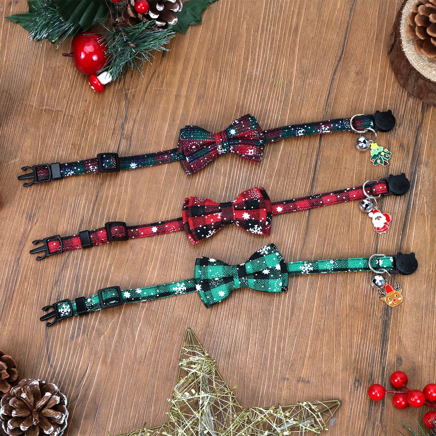 3er-Set Weihnachts-Halsbänder Für Katzen & Kleine Hunde | Mit Fliege, Glöckchen & Rentier-Motiv | Verstellbar & Süßes Festtags-Accessoire