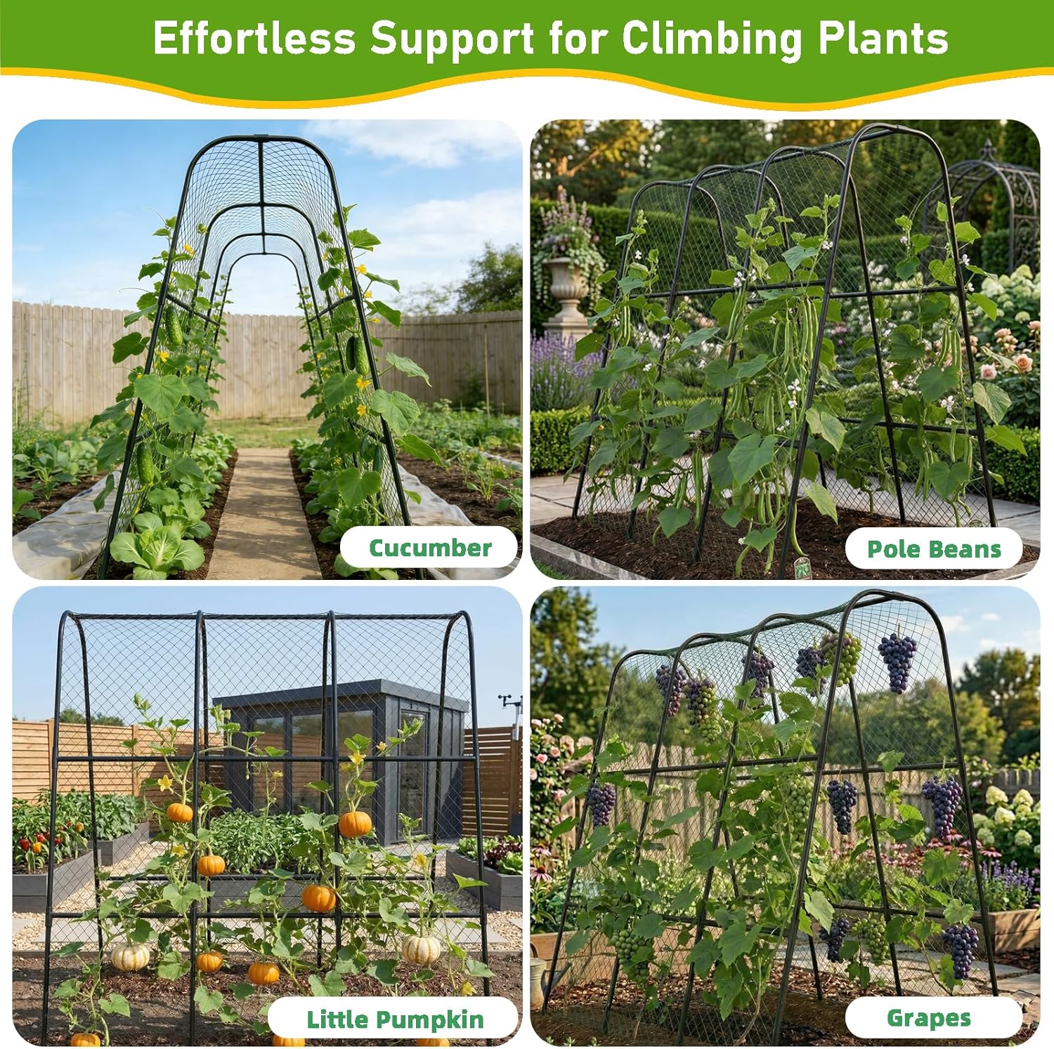 Garden Arch Trellis for Climbing Plants, Plastic-Coated Steel Trellis with Easy-Connect System, Includes Net, Ties & Gloves, Outdoor Plant Support for Vegetables (47.2" L x 47.2" H)