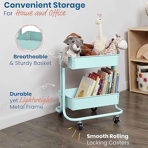 Miniatura 3 de ECR4Kids Carrito utilitario de metal de 2 niveles, almacenamiento de oficina debajo del escritorio, organizador móvil multiusos, verde azulado