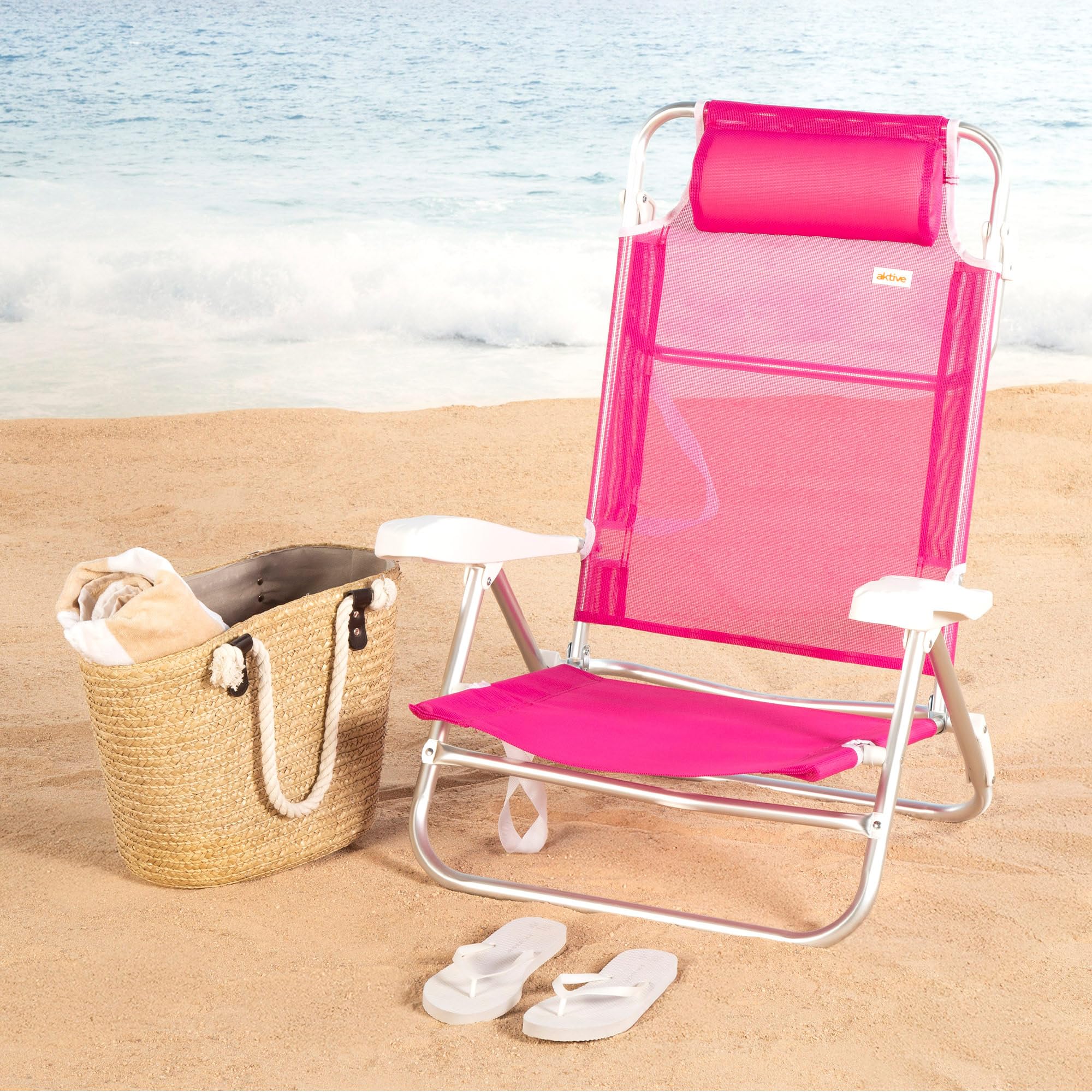 AKTIVE Chaise de Plage Pliable Basse, rayée, Mesure 47 x 49 x 82 cm, Multiposition, 8 Positions, textilène et Aluminium, Poids supporté 110 kg, poignée de Transport, chaises rembourrées (62685)
