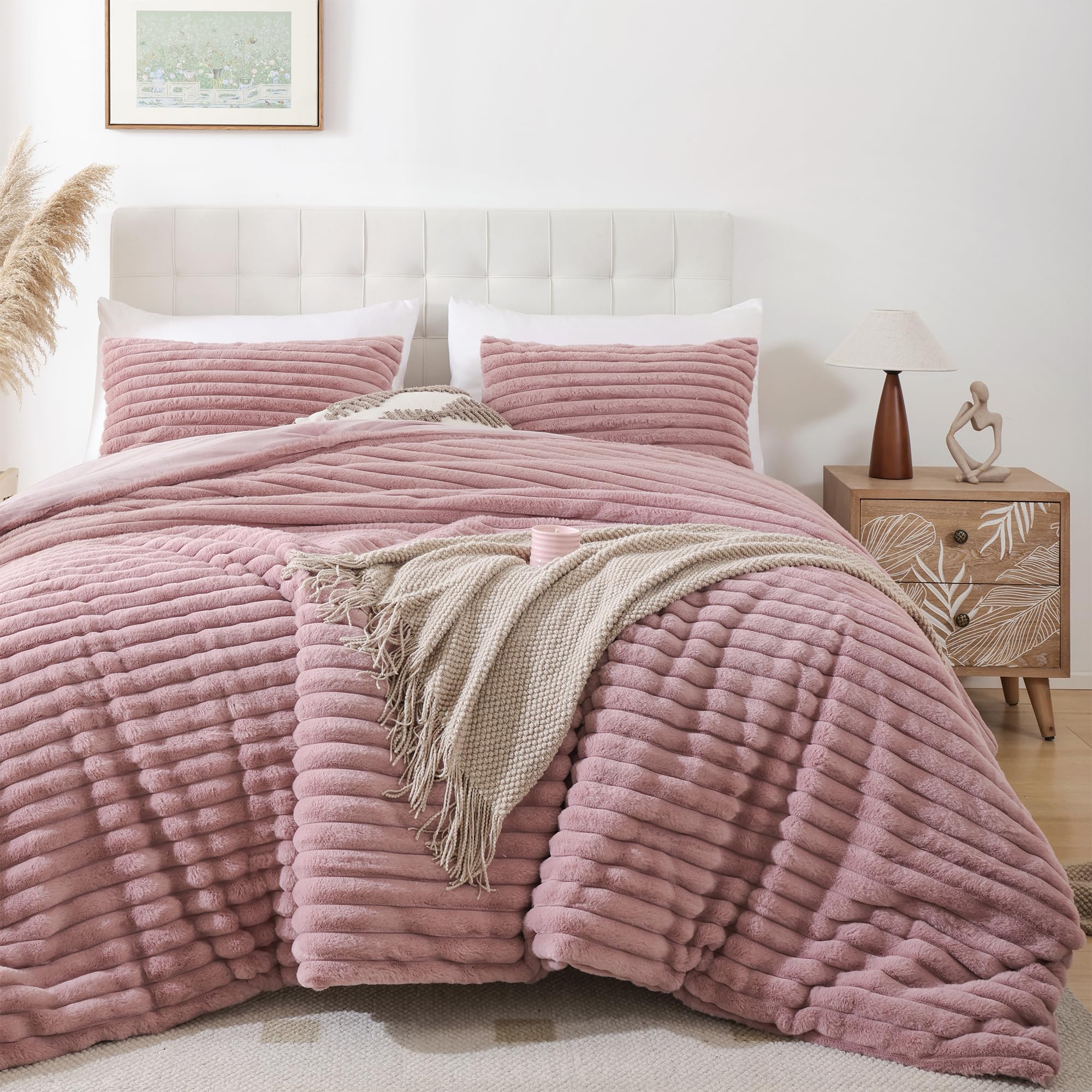 Smoofy Fluffy Full Size Comforter Sets 3 Pieces - Old Pink Fleece Fluffy Comforter Set, Luxury Fuzzy Full Bed Set, Soft Comforter Full Size All Season, Heavy Faux Fur Comforter with 2 Pillow Cases