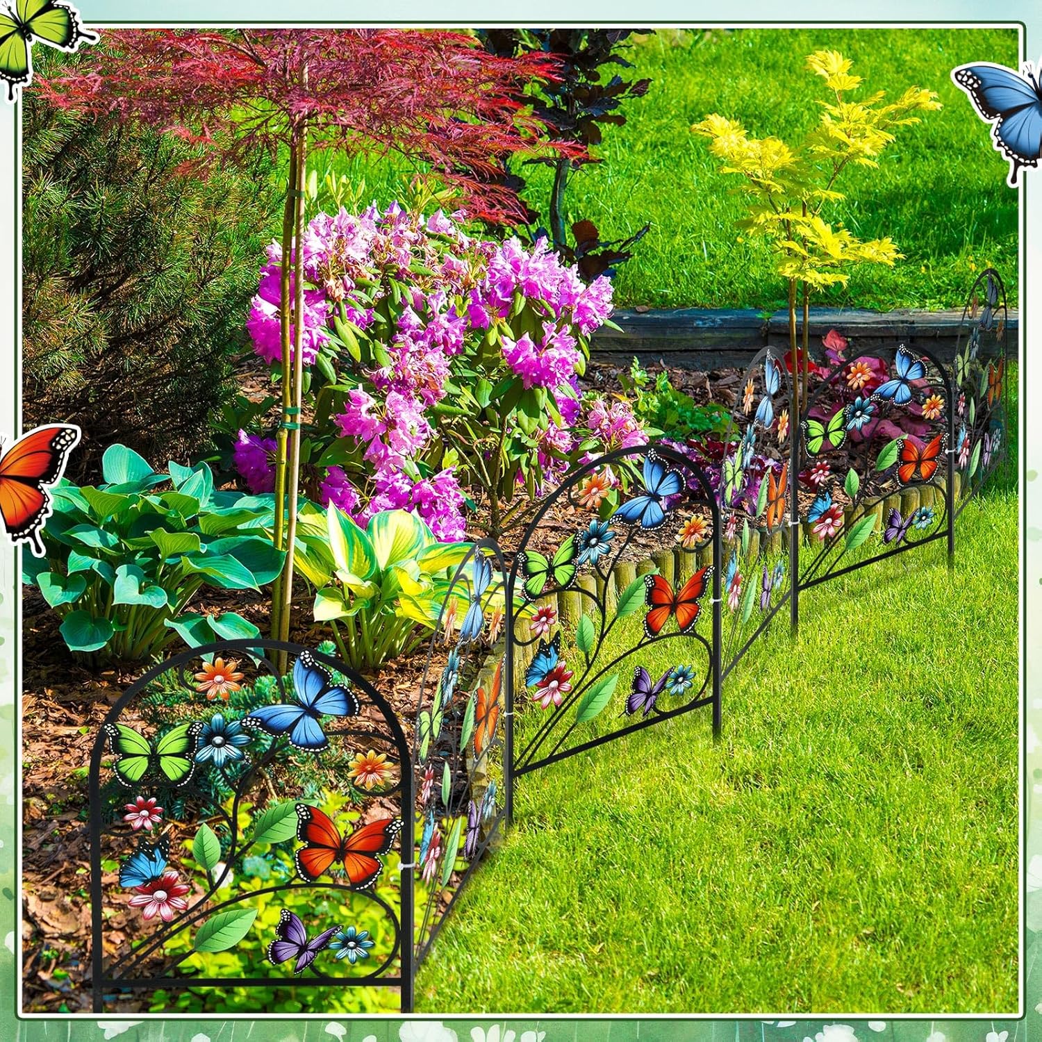 Yaocom 6 Pack Butterfly Decorative Garden Fence 16.5''H x 11.8''W Animal Barrier Border Butterfly Flower Design Metal Arch Garden Fence Border for Spring Outdoor Patio Yard Landscape Decoration