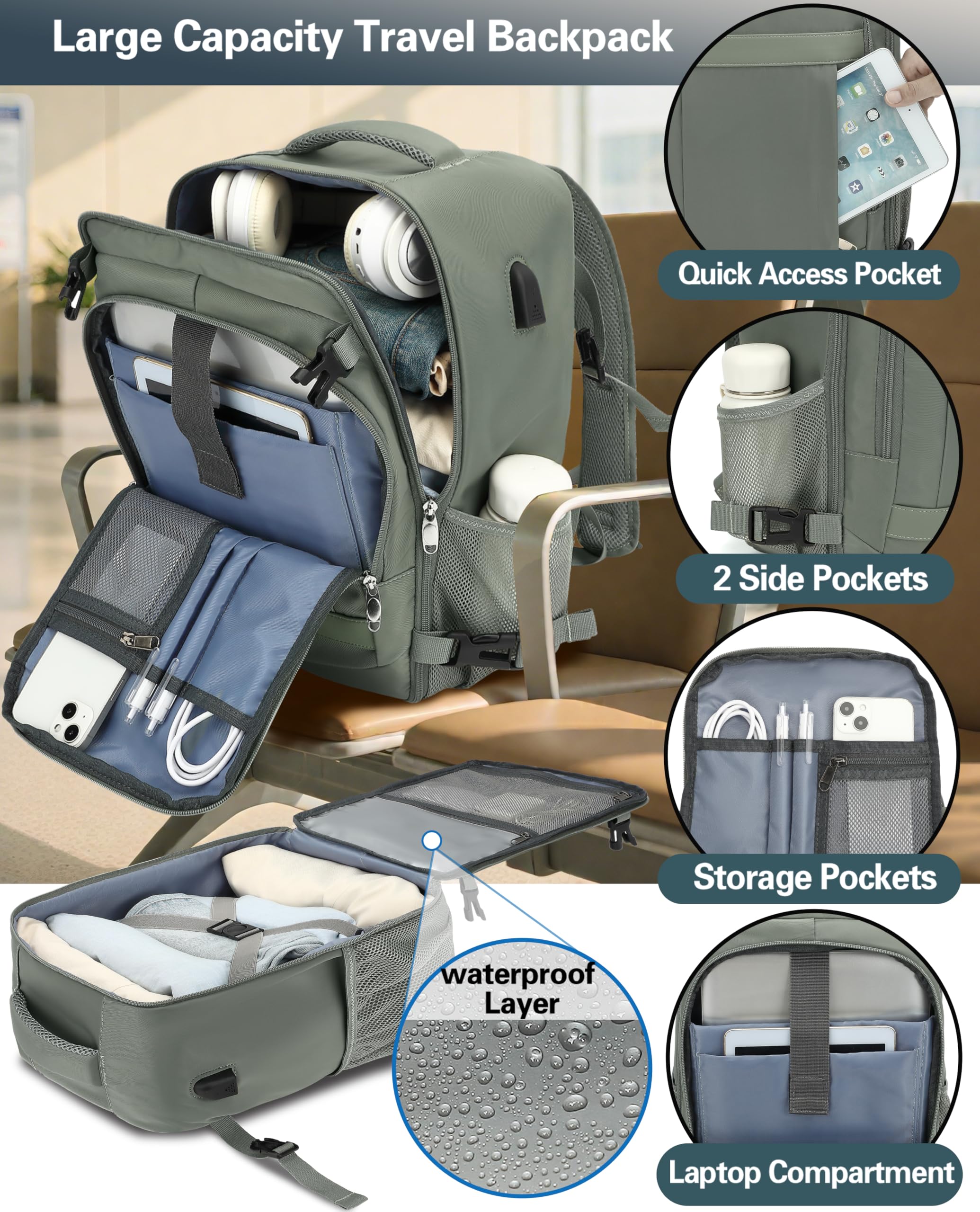 Reiserucksack für Easyjet Kabinentasche, 45 x 36 x 20 cm, leichtes Handgepäck, passend für 14-Zoll-Laptop, ideales Untersitz-Zubehör für Flugzeugflüge, grün, 45 x 36 x 20cm-30L