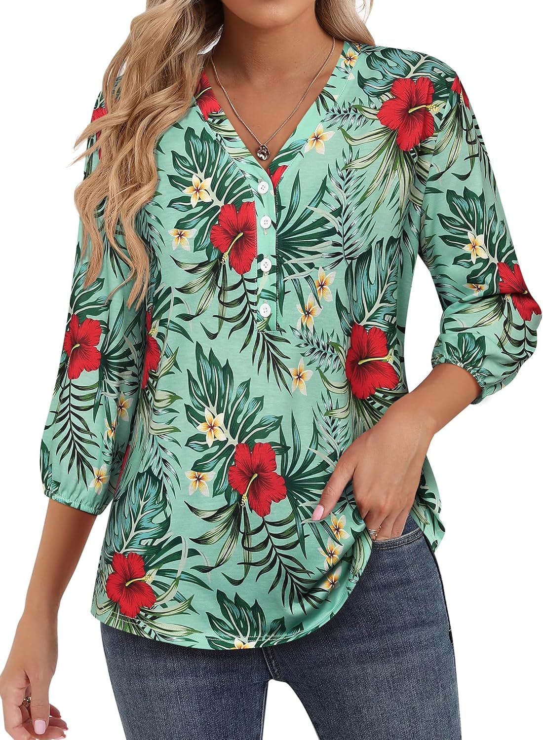 Womens 3/4 Sleeve Hawaiian Shirts V Neck Summer Floral Printed Shirt Casual Buttons Down Soft Tunic Tops