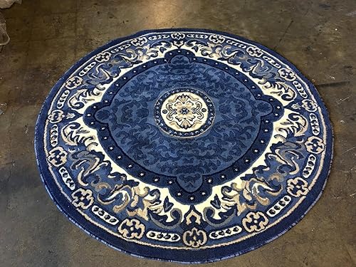 Miniatura 2 de Alfombra redonda tradicional de diseño azul 101 (4 pies x 4 pies, redonda)