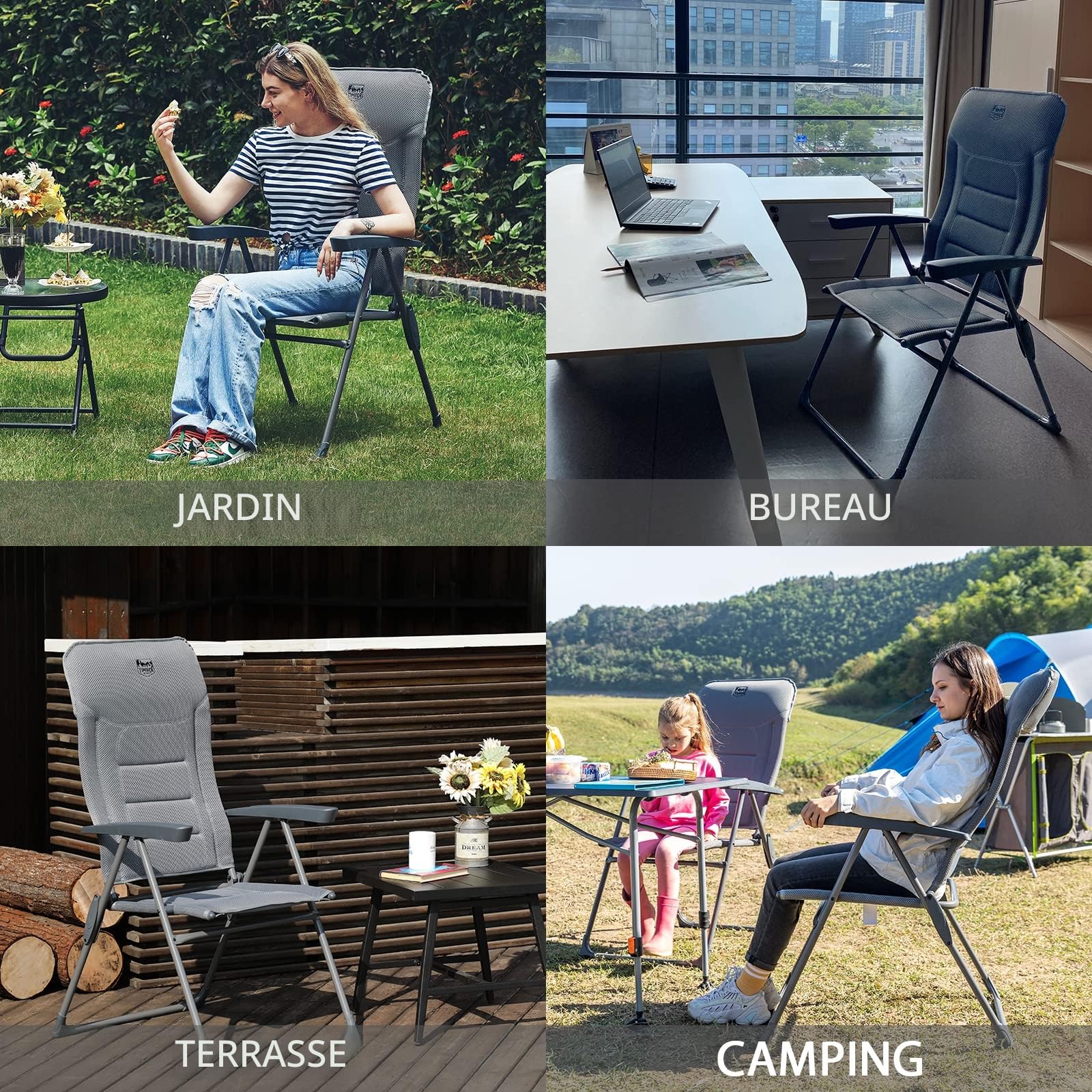 TIMBER RIDGE Chaise de Jardin Pliante Alu Dossier Inclinable 7 Positions | Fauteuil pliable léger en aluminium, assise confortable et pliage rapide, idéale pour le jardin, la terrasse et le balcon