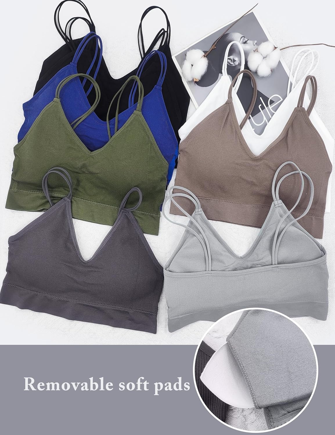 BQTQ 8 Pieces V Neck Bralettes Padded Bralettes for Women with Elastic Straps Seamless Bra - Image 5