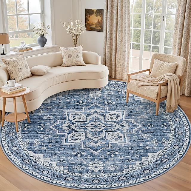 Round Area Rug for Living Room: 6ft Washable Rug for Bedroom Blue | Vintage Boho Soft Round Rug Indoor Floor No Slip Carpet Stain Resistant Rugs for Bedroom Dining Room Nursery Home Office