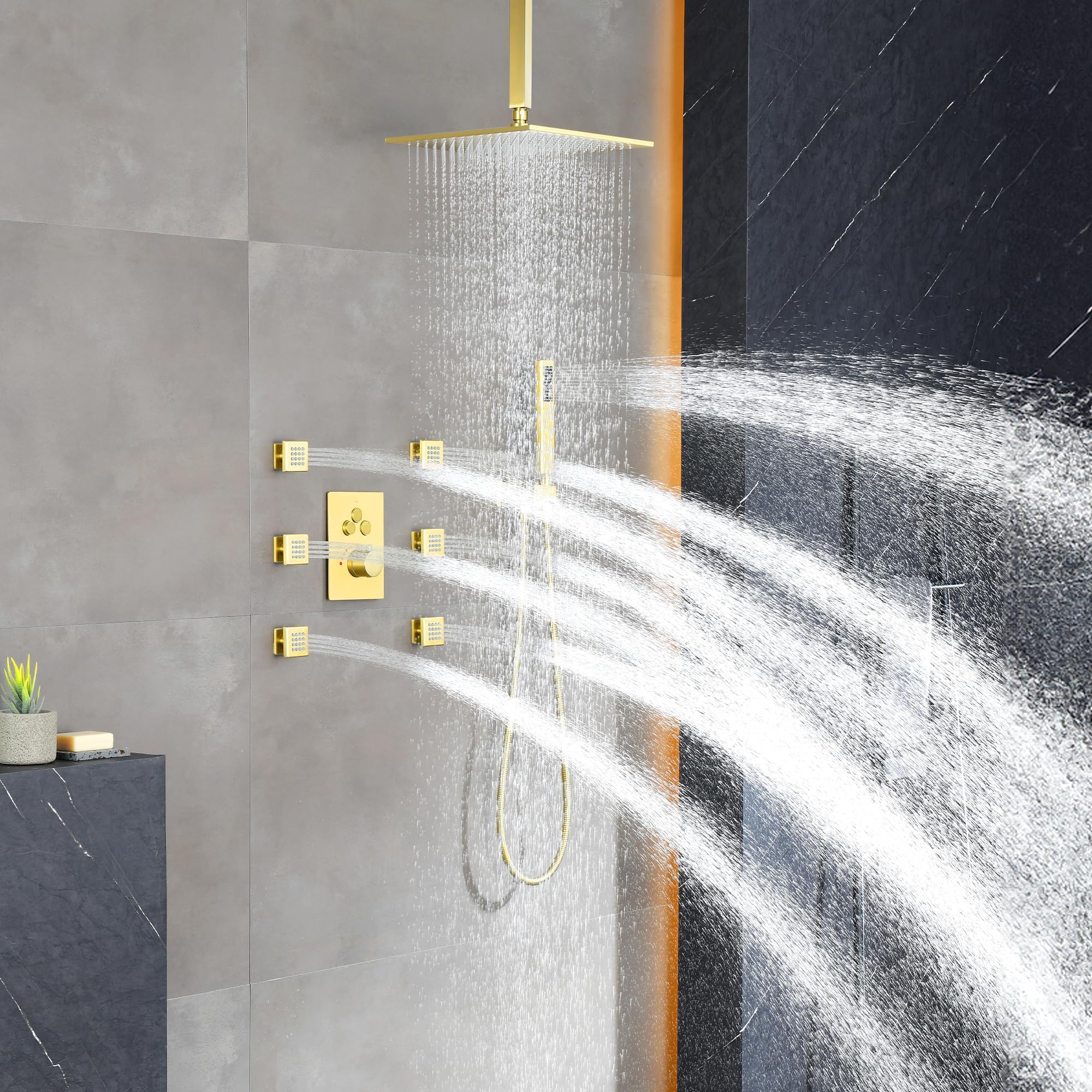 Luxury Thermostatic Rain Shower System with 6 Body Shower Jets & 12” Shower Head, Brushed Gold Ceiling Mount Shower Faucet Set Complete with Push Button Thermostatic Valve & Shower Handheld