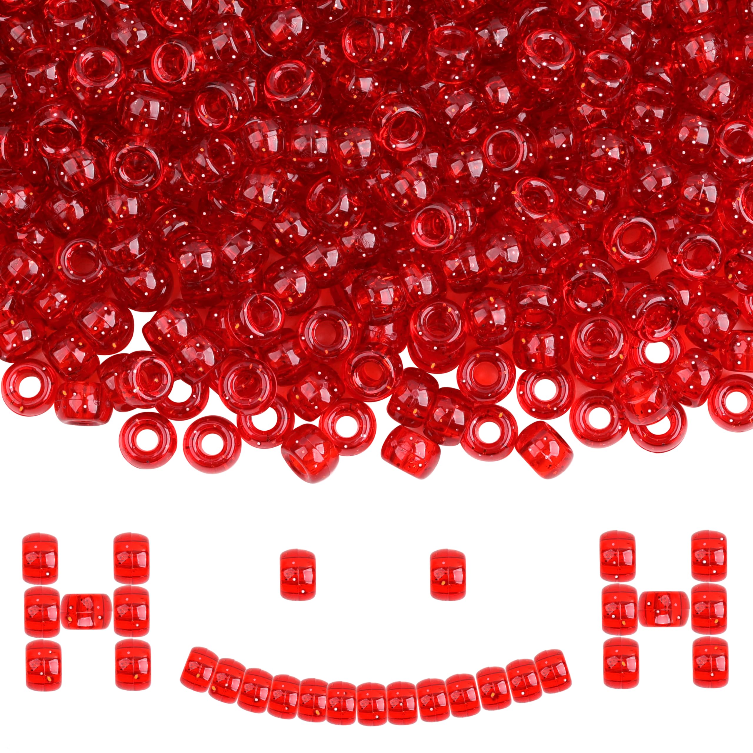 KAKW Plastic Pony Beads, 1000 Pcs, 6x9mm, for Bracelet, Hair Braiding, Friendship Bracelets, Jewelry Making (Red Glitter)