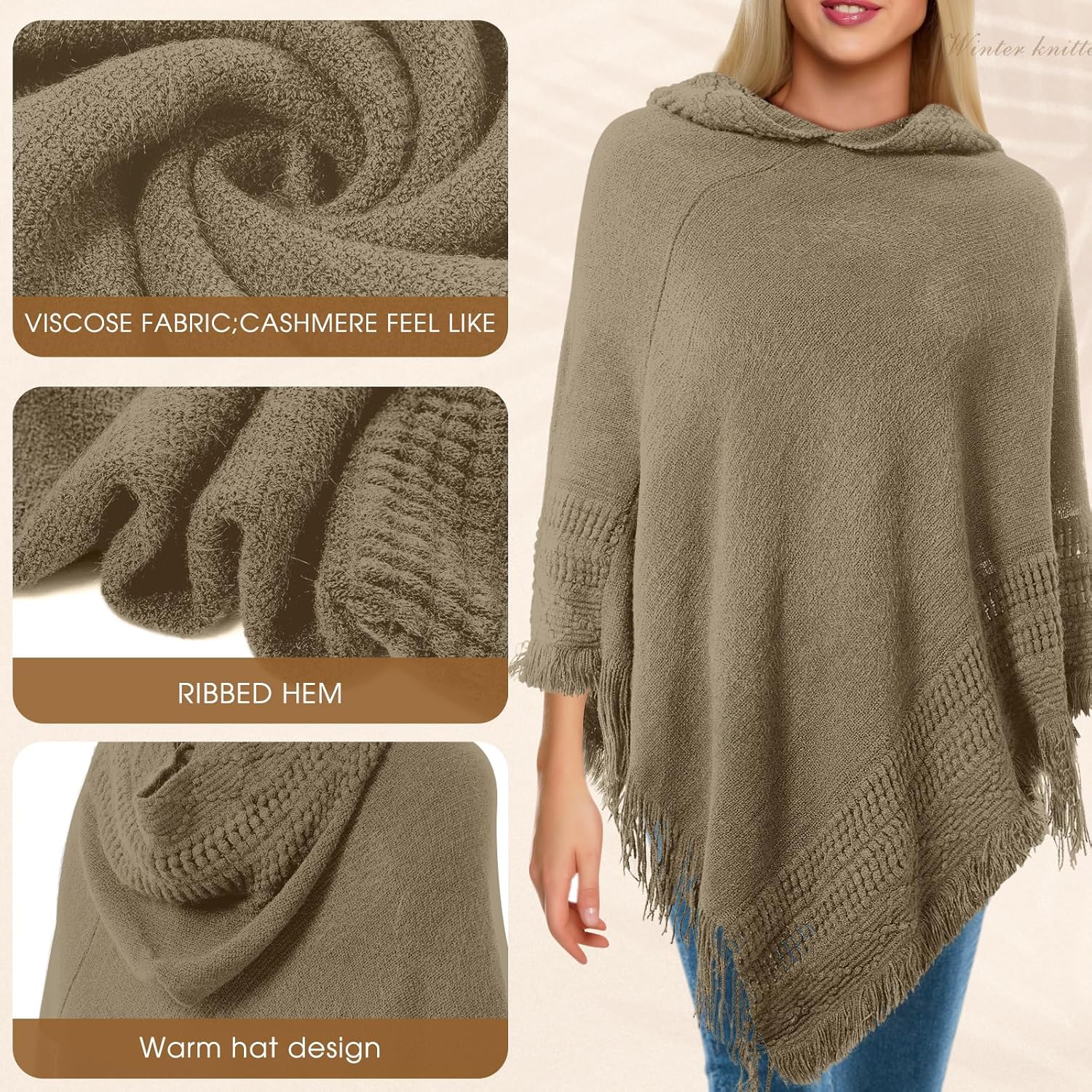 Women Hooded Cape Ponchos Sweater Solid Knit Versatile Lightweight Shawl Wrap Scarf Cape Poncho Accessories - Image 2