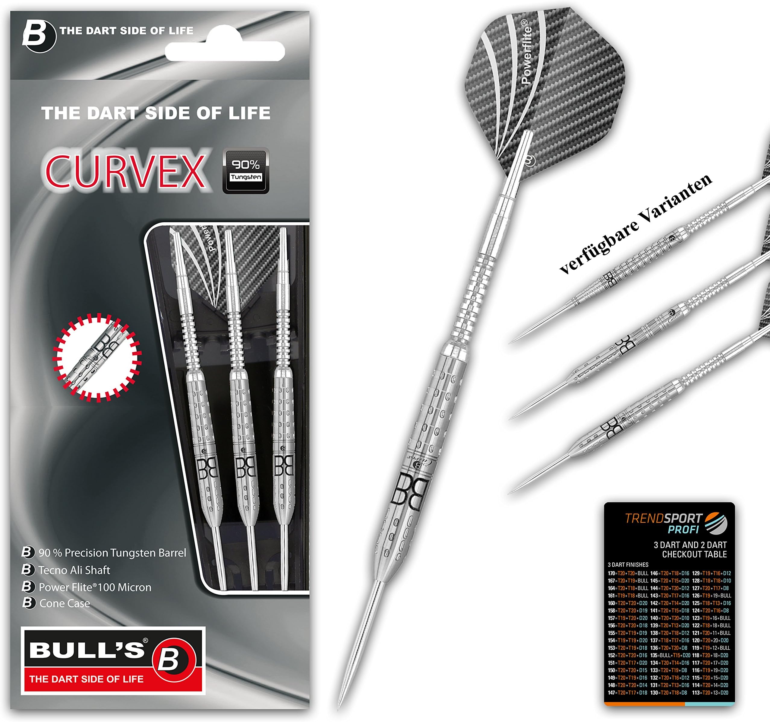 Bull’s Curvex Steel Dart Available 3 Different Barrels in a Range of Different Levels, High-Quality Set with 3 Darts, 90% Tungsten Quality, Perfect Grip with Specially Developed Curvex Grip, Tecno Aluminium Shafts, Extra Strong Power-flites, Bull's Cone Case Trend Sport Expert Checkout Table