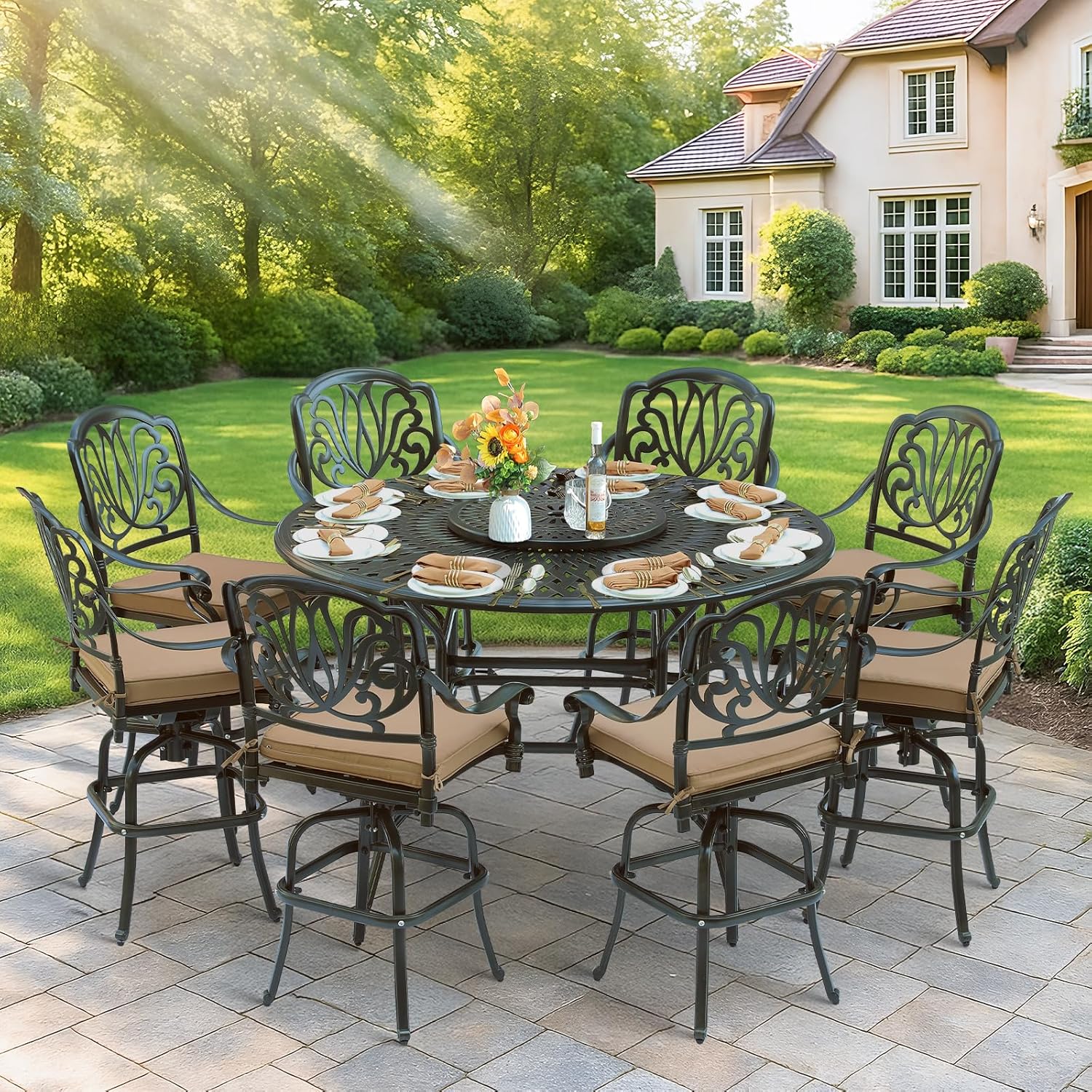 MEETWARM 61" Outdoor High Bar Dining Table for 8 Person, All Weather Cast Aluminum Large Round High Top Dining Table with 24" Lazy Susan, Patio Bar Height Table for Garden Backyard, 2" Umbrella Hole