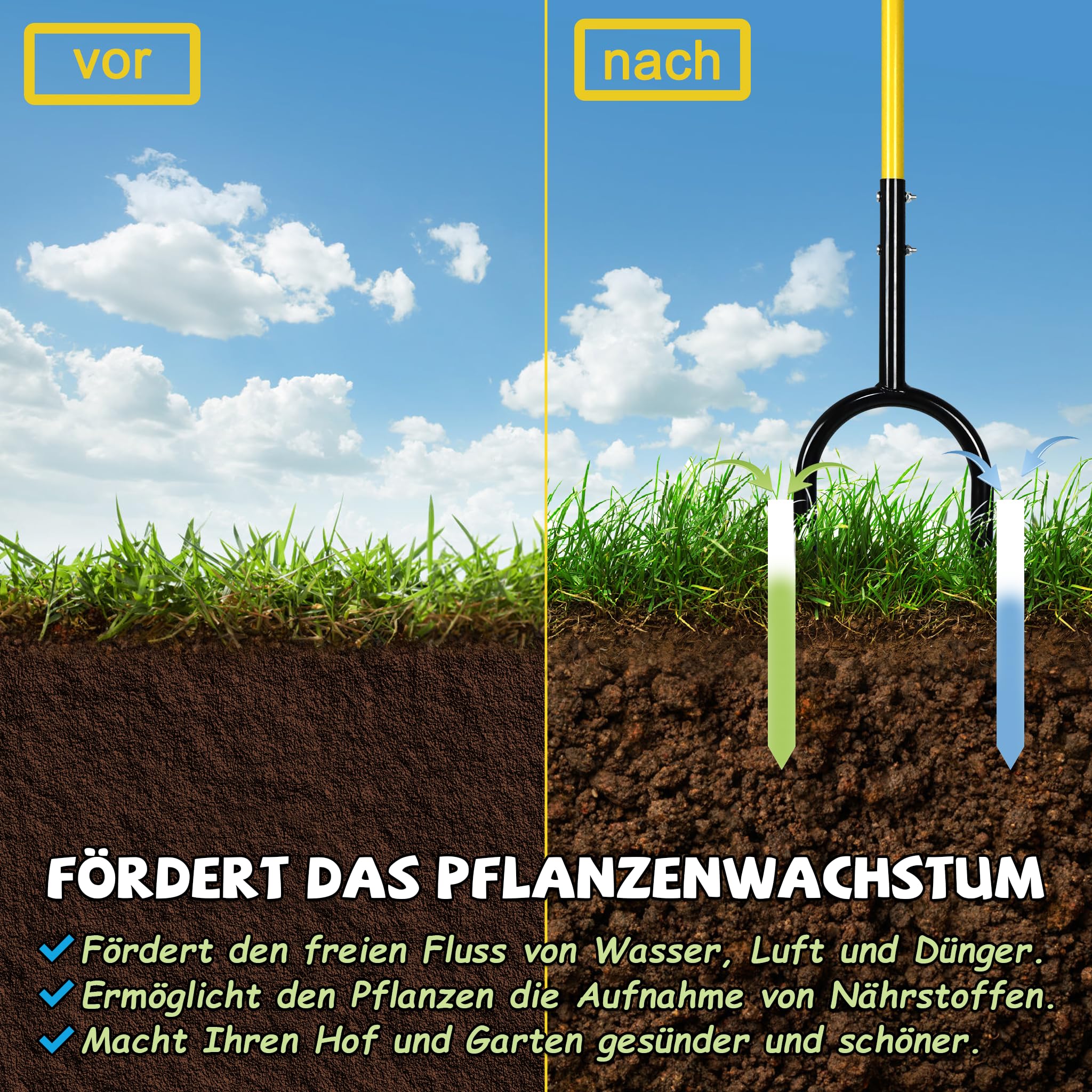 Froadp 3 en 1 Griffe de Jardin Grelinette avec Manche Beche Jardinage en Acier Outillage de Jardin avec 3 Charrues Griffe de Sol Manuelle Aération du Gazon pour Ameublir Labourer et Désherbage