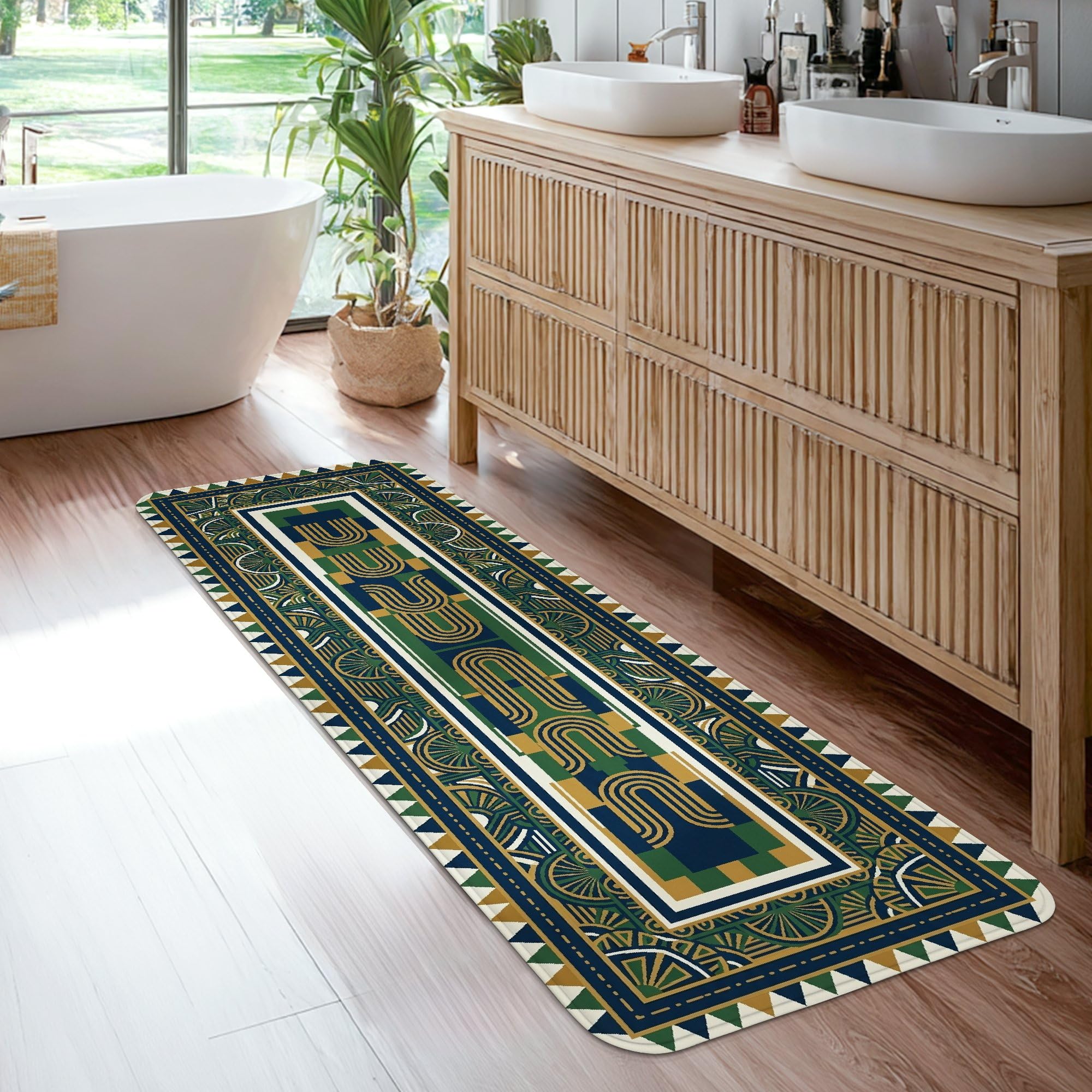 Tapis de couloir géométrique antidérapant avec bordure bleu marine lavable