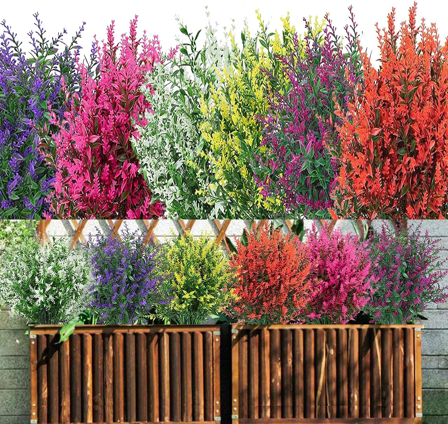Artificial Flowers Outdoor Fake Plants 24 Pack 6 Types UV Resistant Plastic Lavender Flower Shrubs Plant for Indoor Window Hanging Planter Porch Home Decoration (Multicolor, 24)