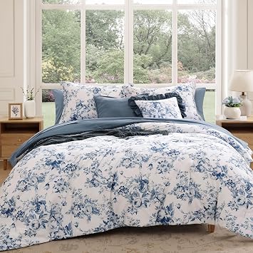 BLOOMHAVEN Oversized King Comforter Sets-7 Pieces Blue Floral Bed in a Bag