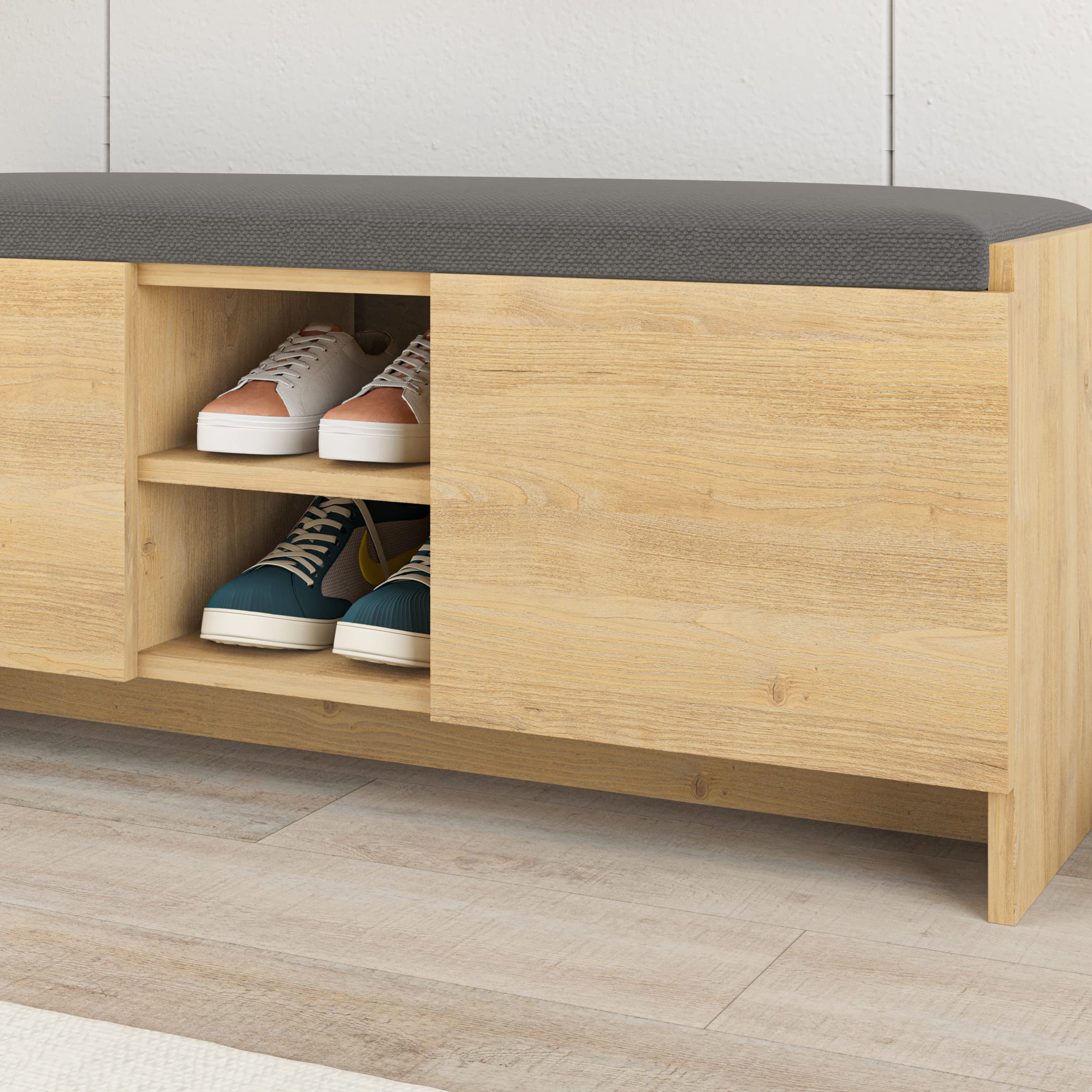 Buyqualia Mueble Zapatero Banco para Zapatos Rack con Puertas y estantes para ordenación (Alto 43 / Ancho 110 Fondo 37) en Color (Roble)