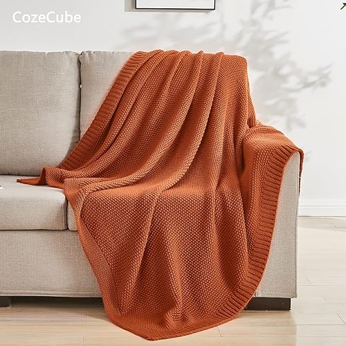 Miniatura 4 de CozeCube Manta naranja para cama, manta de punto trenzado suave y acogedora para cama individual, ligera y cálida, manta decorativa de Navidad para