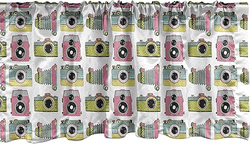Lunarable Vintage Window Valance, Retro Cameras in Pink and Green Colored Hipster Style Photography Themed, Curtain Valance for Kitchen Bedroom