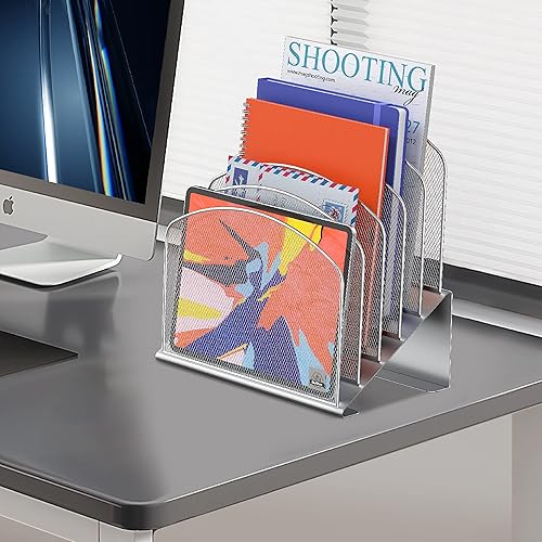 Vista 103 de Organizador de archivos de escritorio inclinado, soporte vertical de 5 secciones, soporte de metal clasificador de archivos para oficina y aula