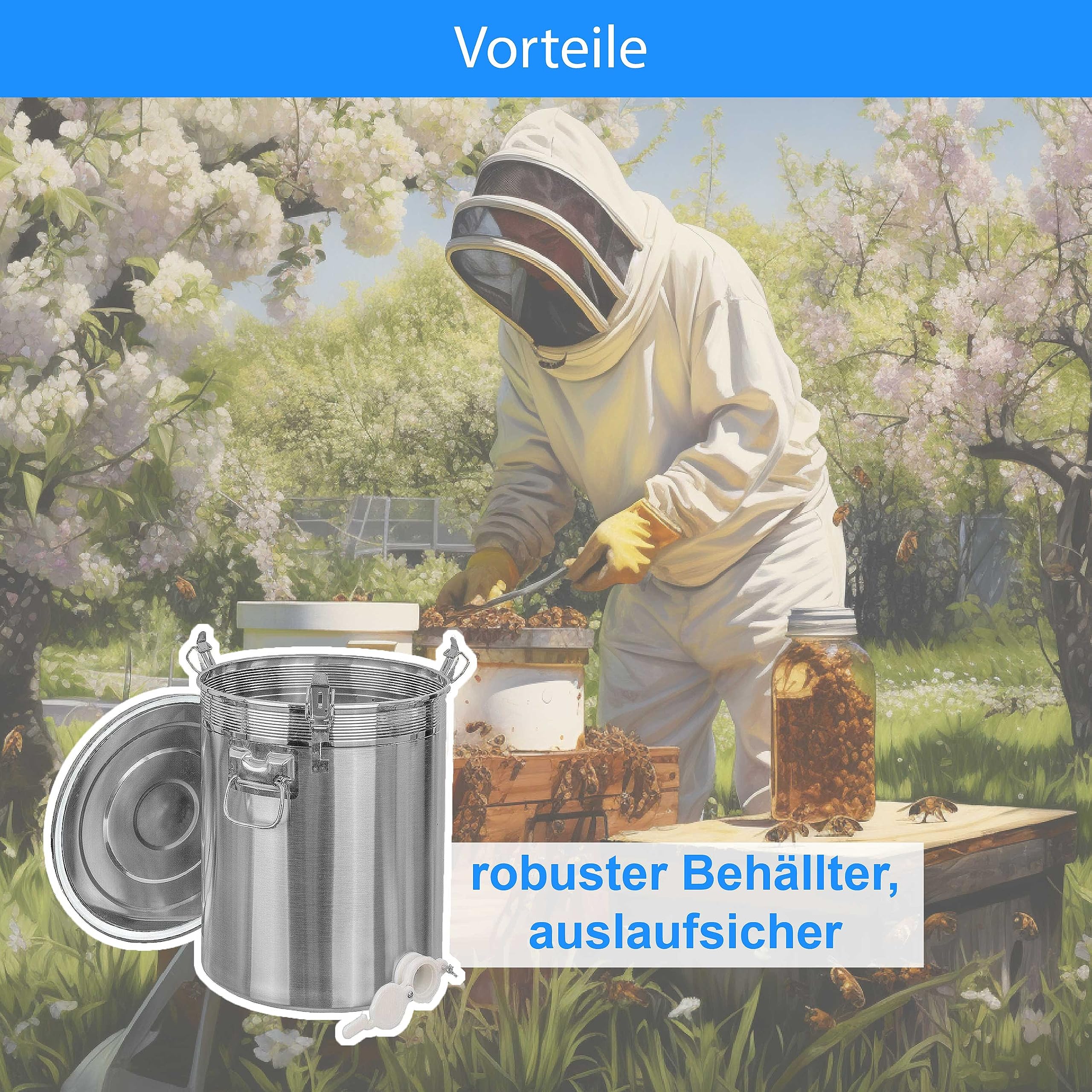 ONPIRA Edelstahl Honig Abfülleimer mit Quetschhahn Abfüllbehälter in 4 Varianten auswählbar (50kg, Kunststoff Quetschhahn)