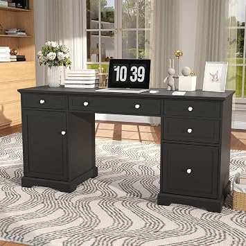Black Executive Desk with Drawers 60" Farmhouse Office Executive Desk | Computer Desks Wood with Storage and File Drawers, Writing Desks with Cabinet