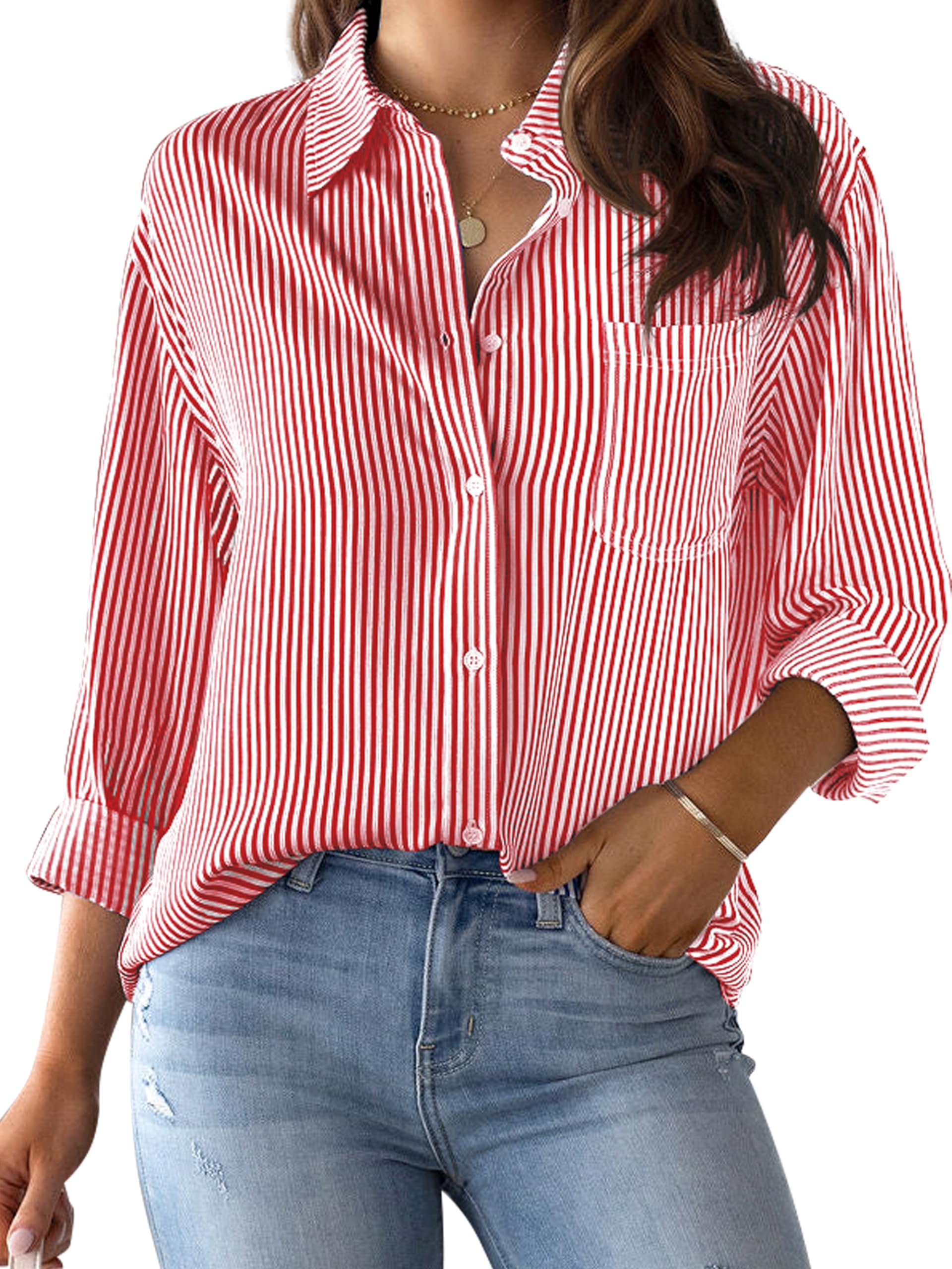 CUNLINGrade 4 Wrinkle-Resistant Women's Button Down Shirts Striped Long Sleeve Collared Blouses Tops with Pocket