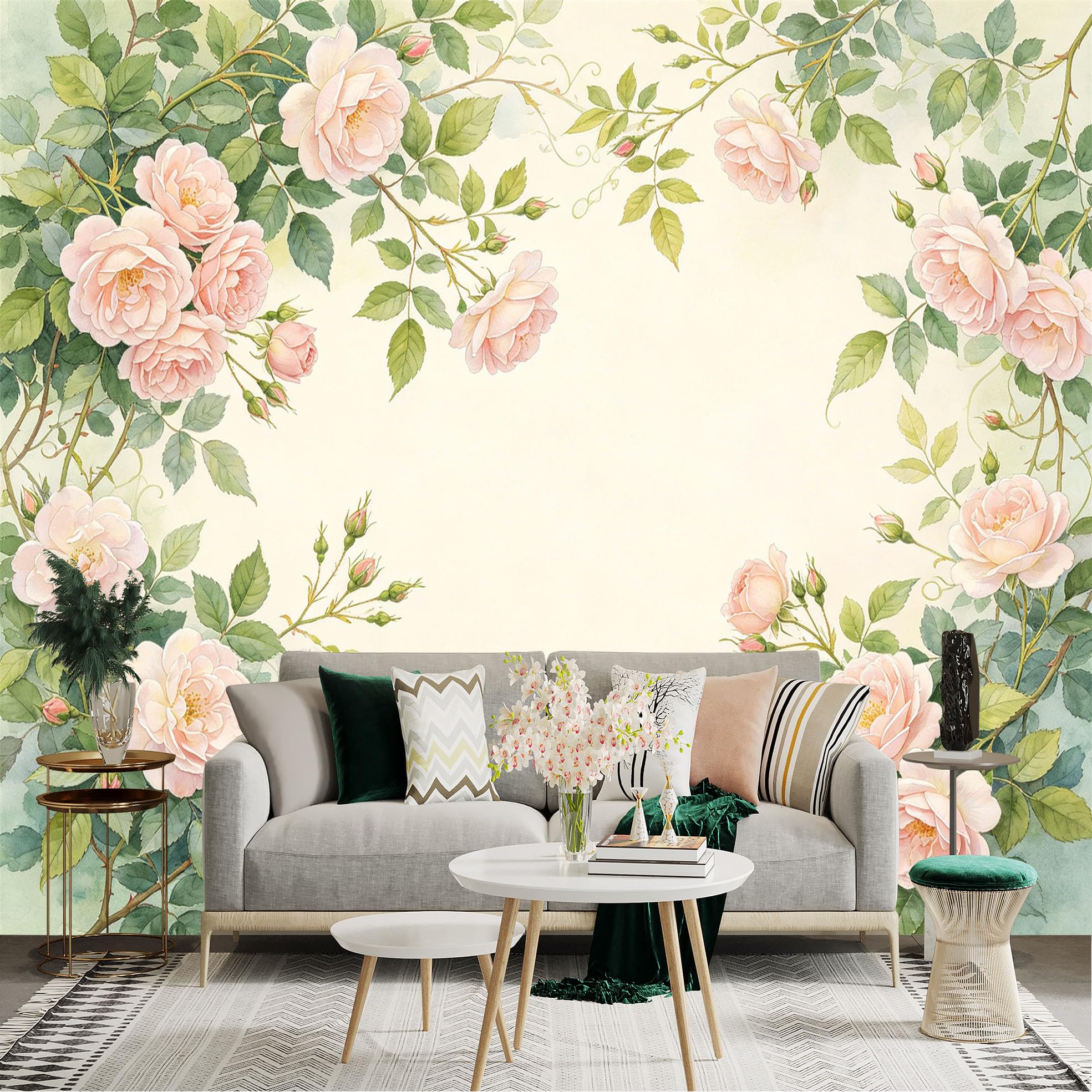 Lnzczhyre Dbh260521697 Custom Size Wall Sticker Mural， Watercolor Pink Rose Blooms， Romantic Floral Vines， Elegant Garden Botanical Pattern， For Wall Decoration， Peelandstick Wall Decals.