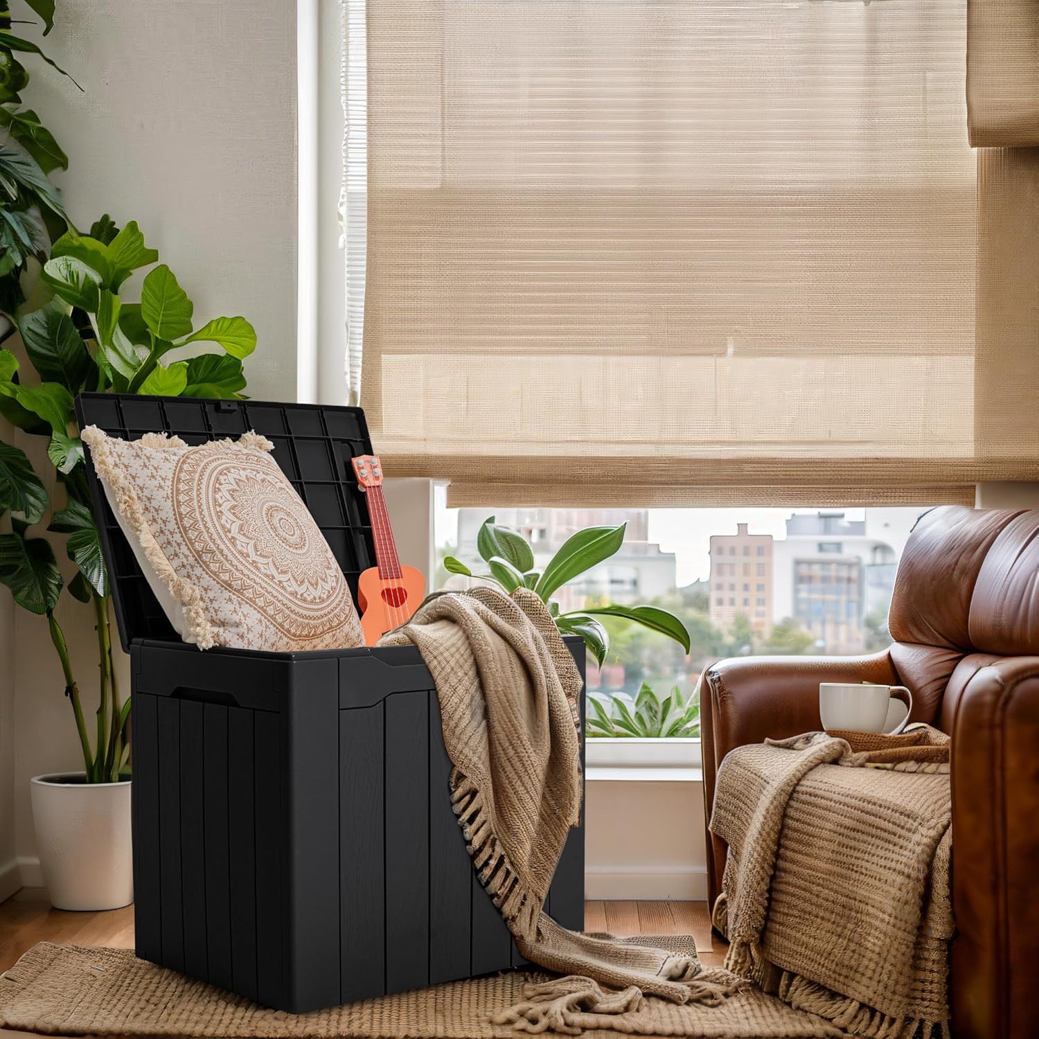 GUNJI 30 Gallon Small Deck Box Outdoor Waterproof Resin Storage Box Lockable Storage Container Outside Package Delivery Box (Black)