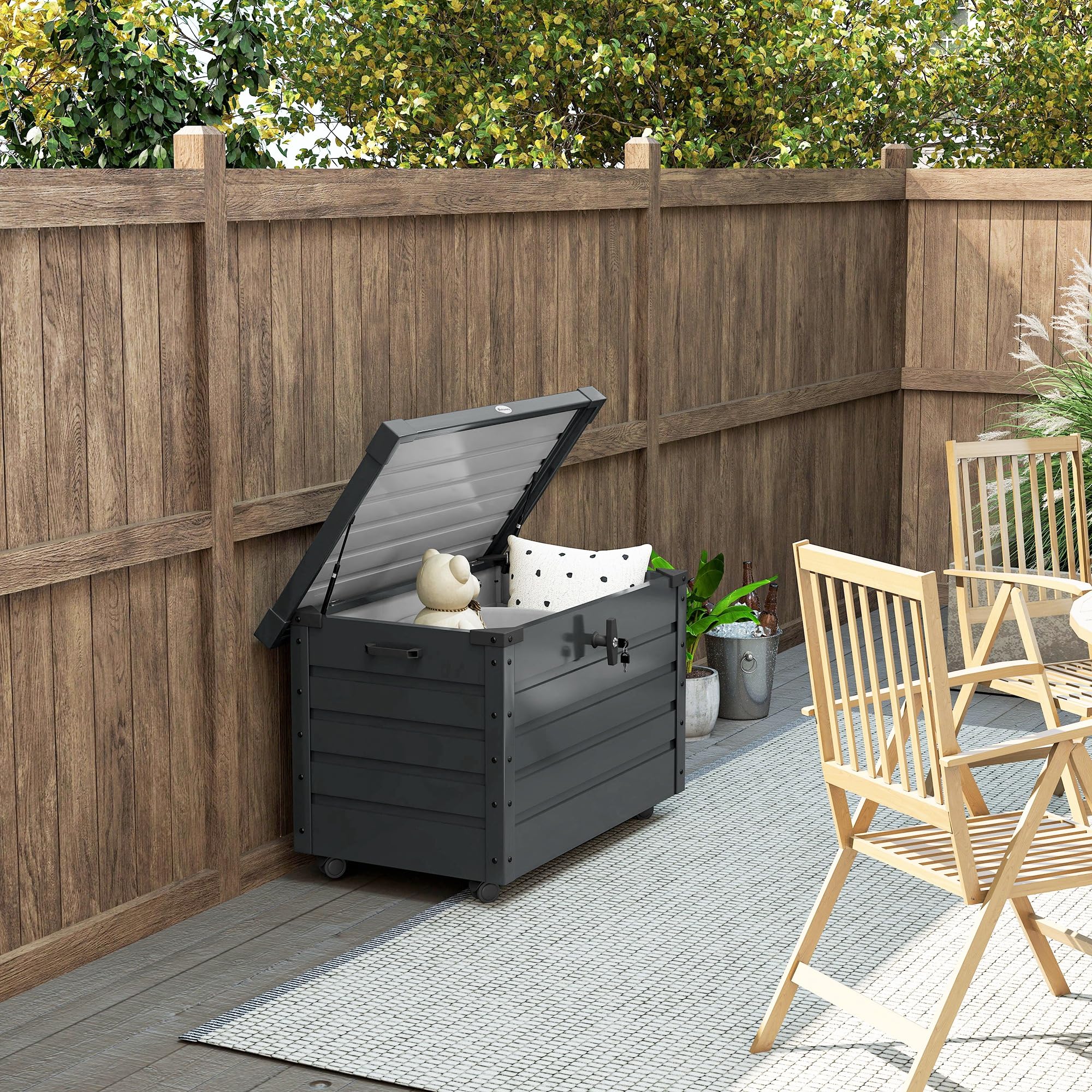 Outsunny Gartenbox Metall 295 Liter Wasserdicht 100 x 62cm Dunkelgrau | Abschließbar, Mit Griffen und Rollen, Auflagenbox, Gartentruhe, Outdoor Wetterfest, Für Balkon Garten, Kissenbox