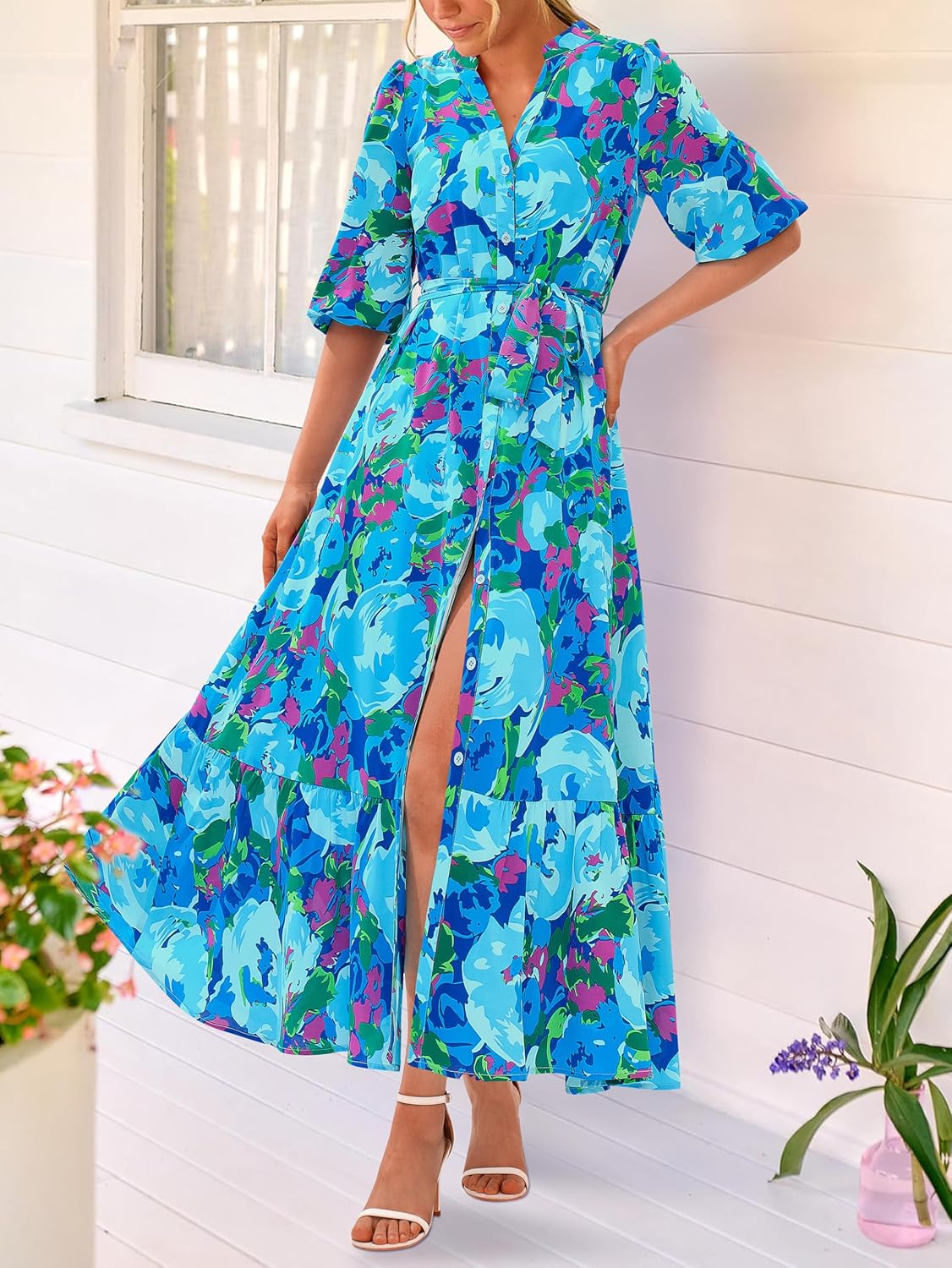 MASCOMODA Womens Floral Maxi Dresses Boho Summer Casual V Neck 3/4 Puff Sleeve Button Down Tie Waist Long Flowy Shirt Dress - Image 5